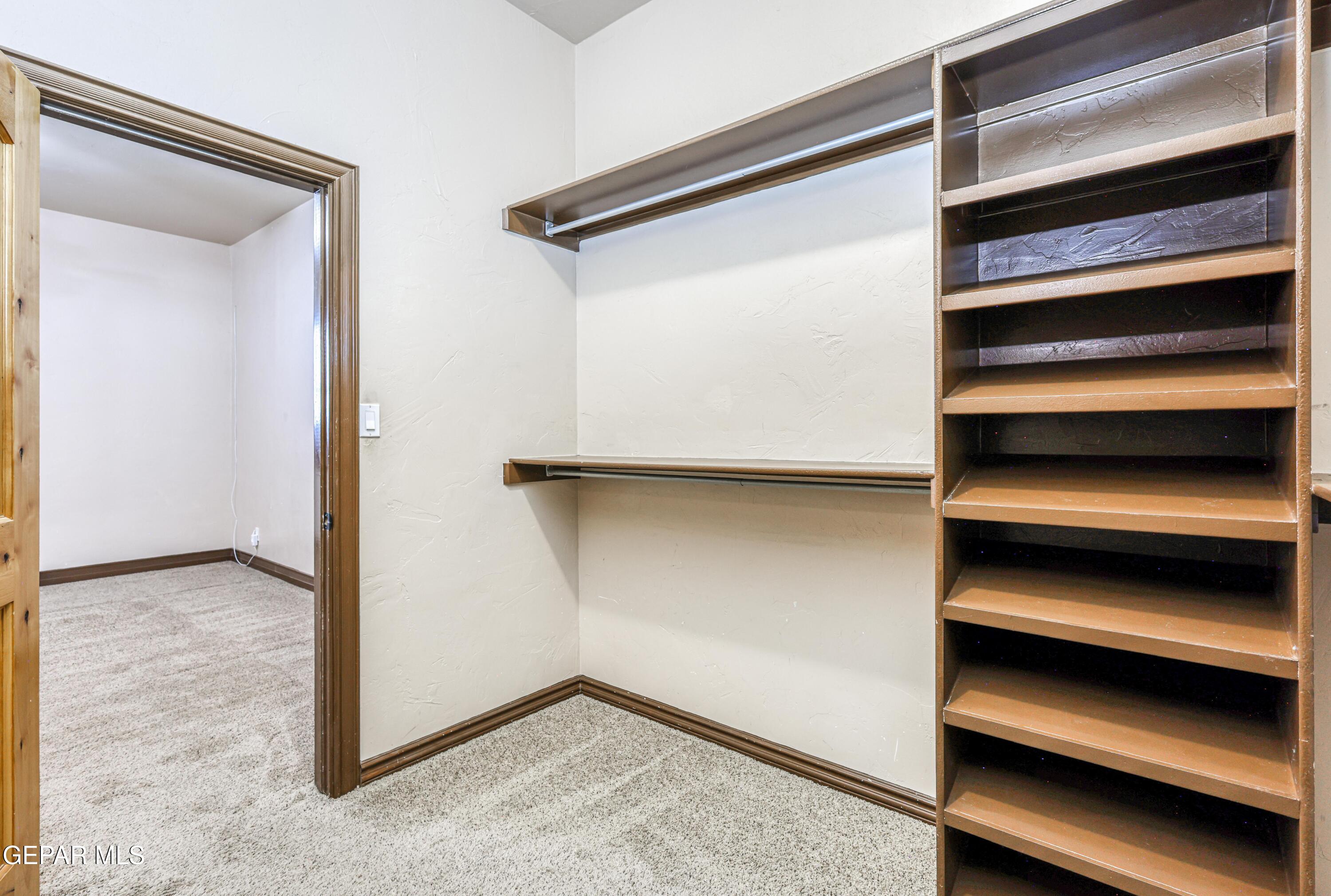 Walk-in closet with built-in wooden shelves, hanging rods, and carpet.