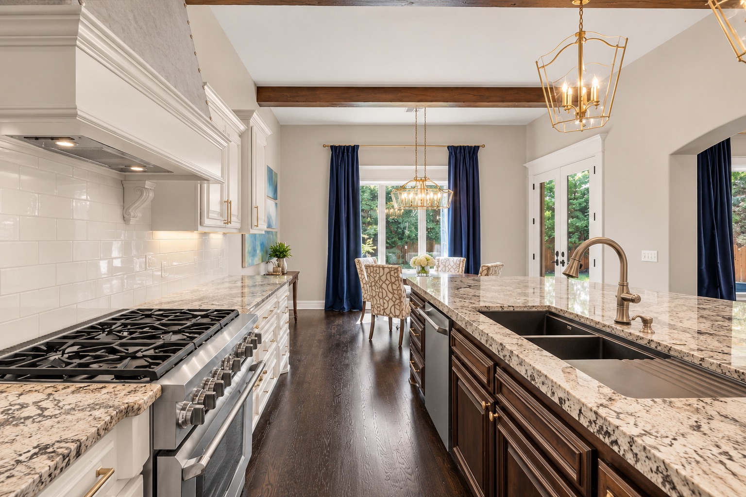 Kitchen with granite island and double sink, stainless gas range, and dark wood floors.