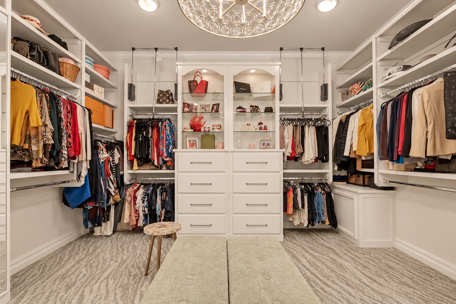 Walk-in closet with white built-ins, glass display shelves, hanging clothes, and upholstered benches.