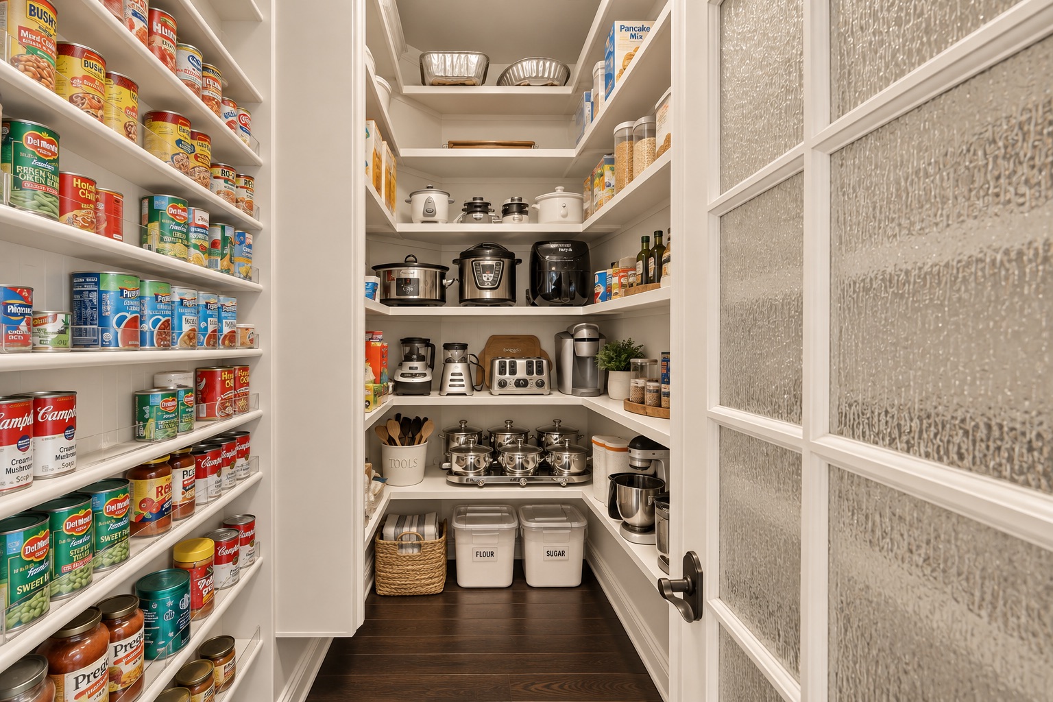 Walk-in pantry with stocked white shelves, countertop appliances, cookware, and labeled flour and sugar bins.