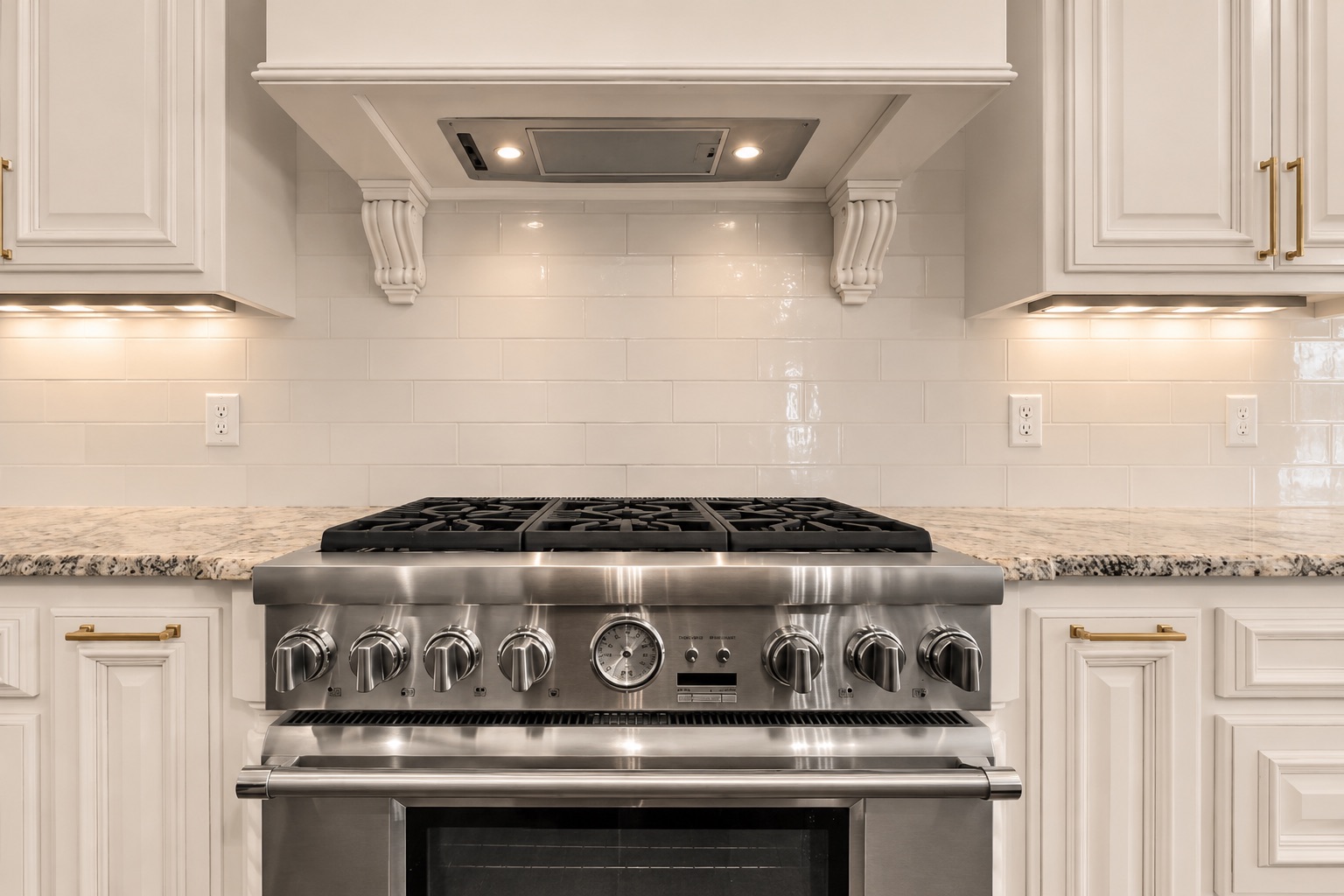 Kitchen with a large stainless steel gas range, decorative hood, white cabinets, and granite counters.