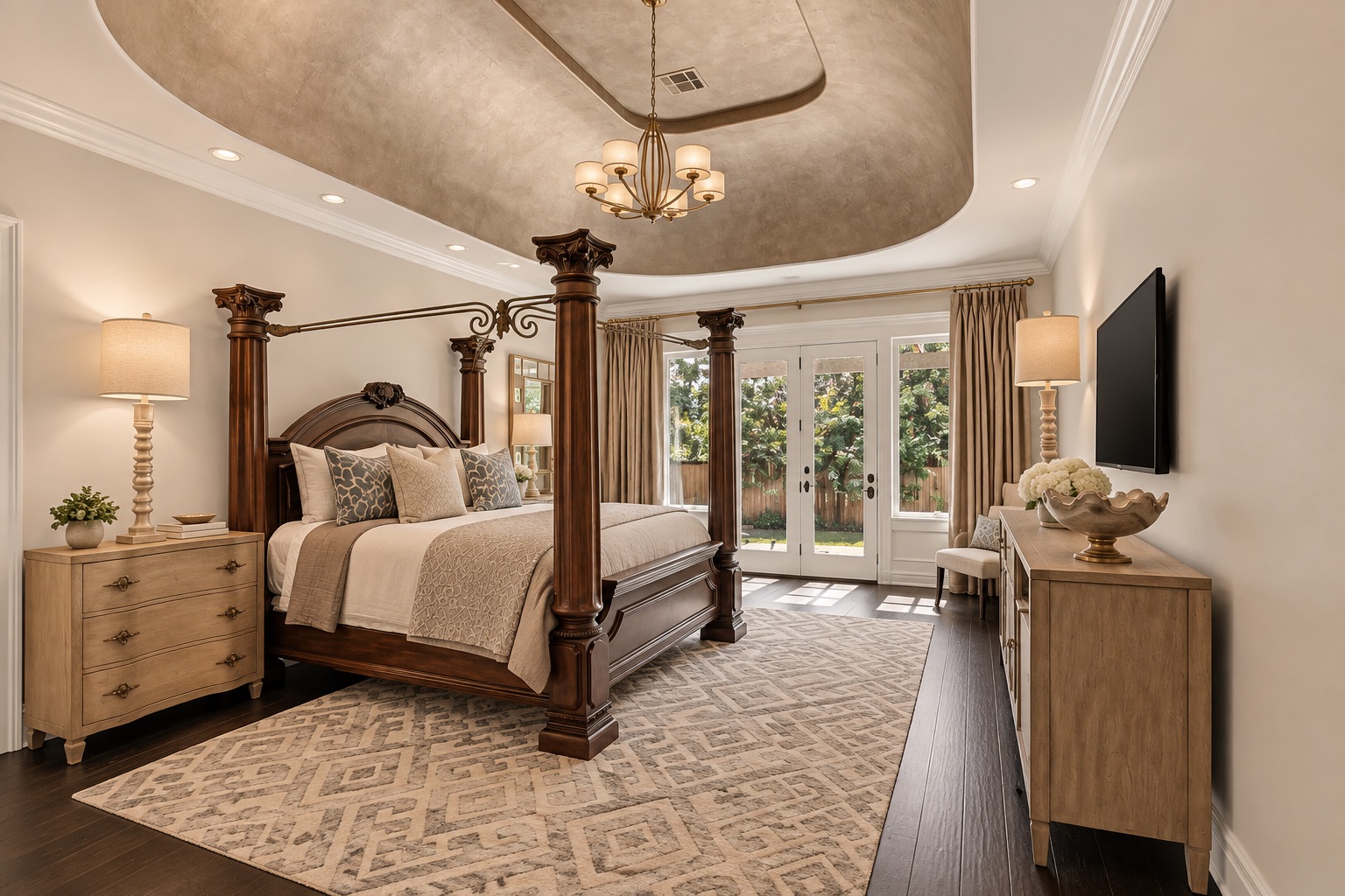 Furnished bedroom with a dark wood four-poster bed and glass doors opening to the yard.