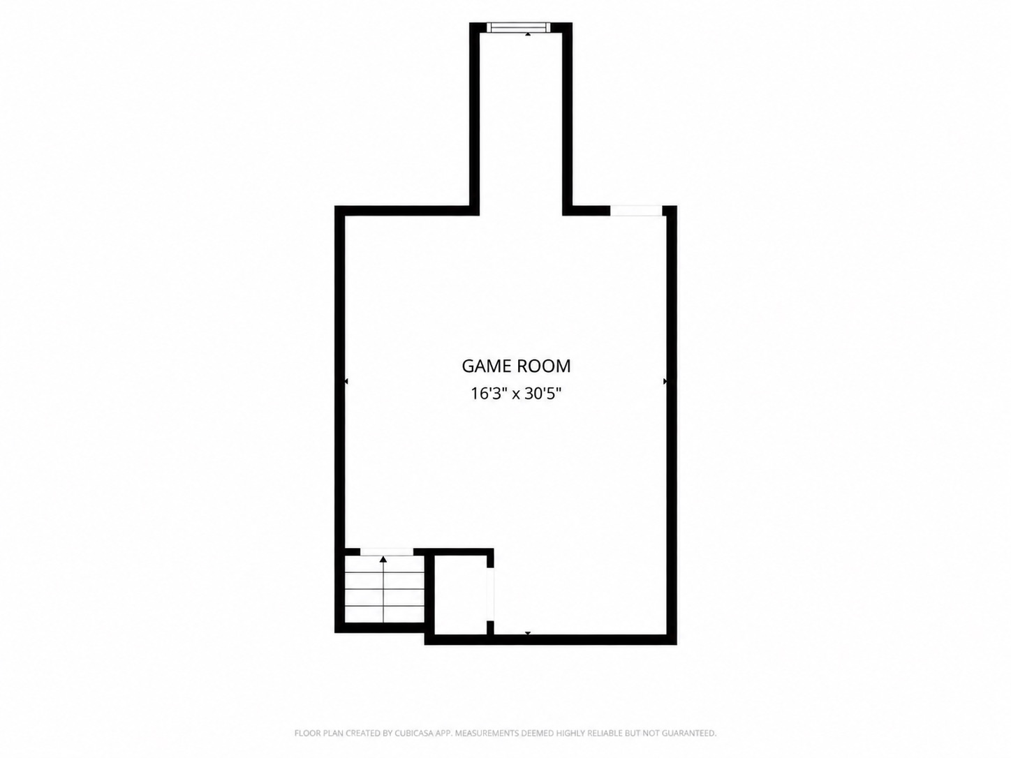 Floor plan of a game room, 16 feet 3 inches by 30 feet 5 inches, with stairs.