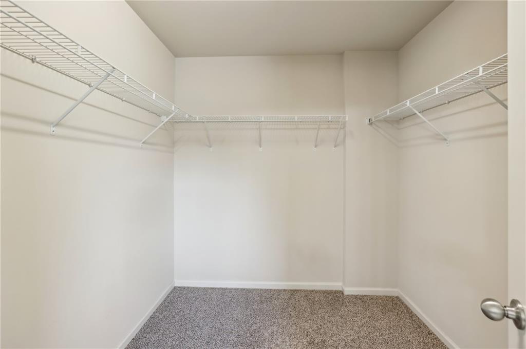 Empty walk-in closet with wire shelving on three walls and gray carpet.