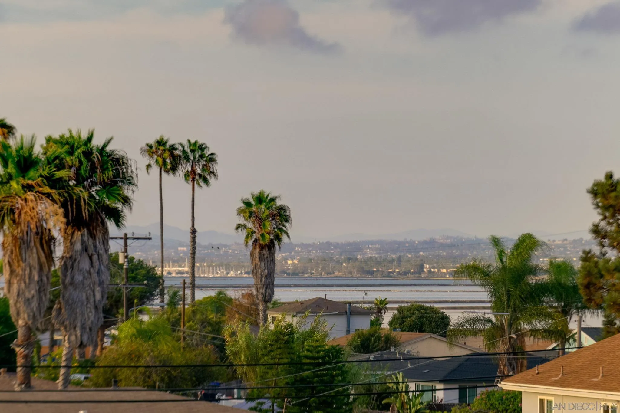 Panoramic view over Imperial Beach rooftops and palms toward the water and distant hills.