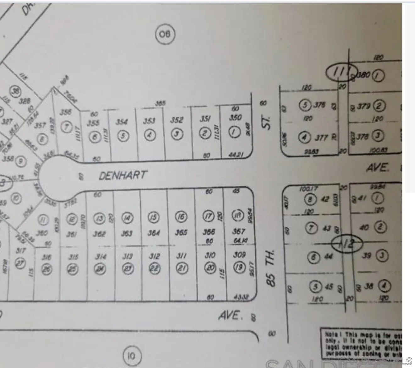 Parcel map showing numbered lots along Denhart, 85th Street, and Avenue 8.
