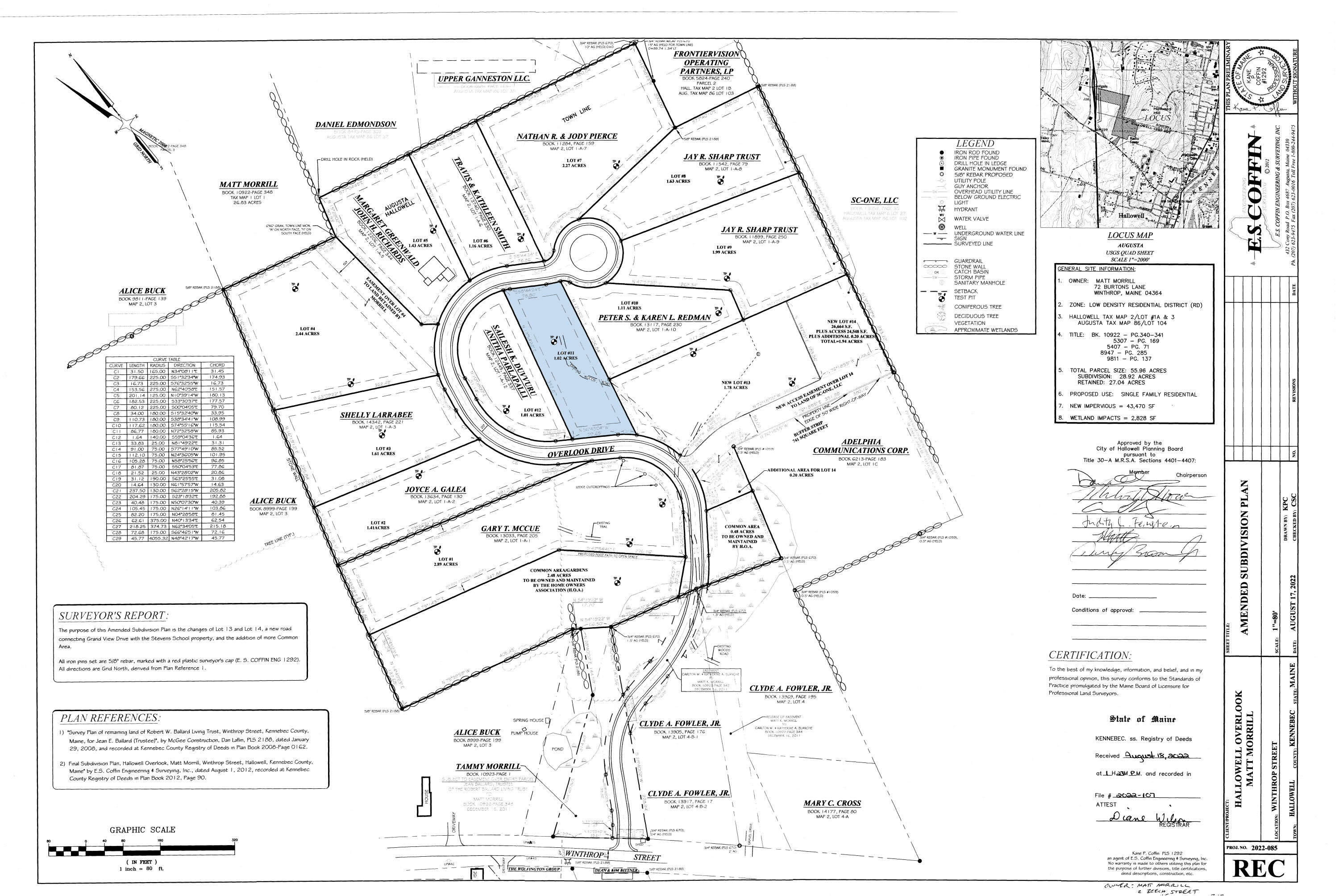 Subdivision plan highlighting Lot 11 on Overlook Drive in Hallowell, Maine.
