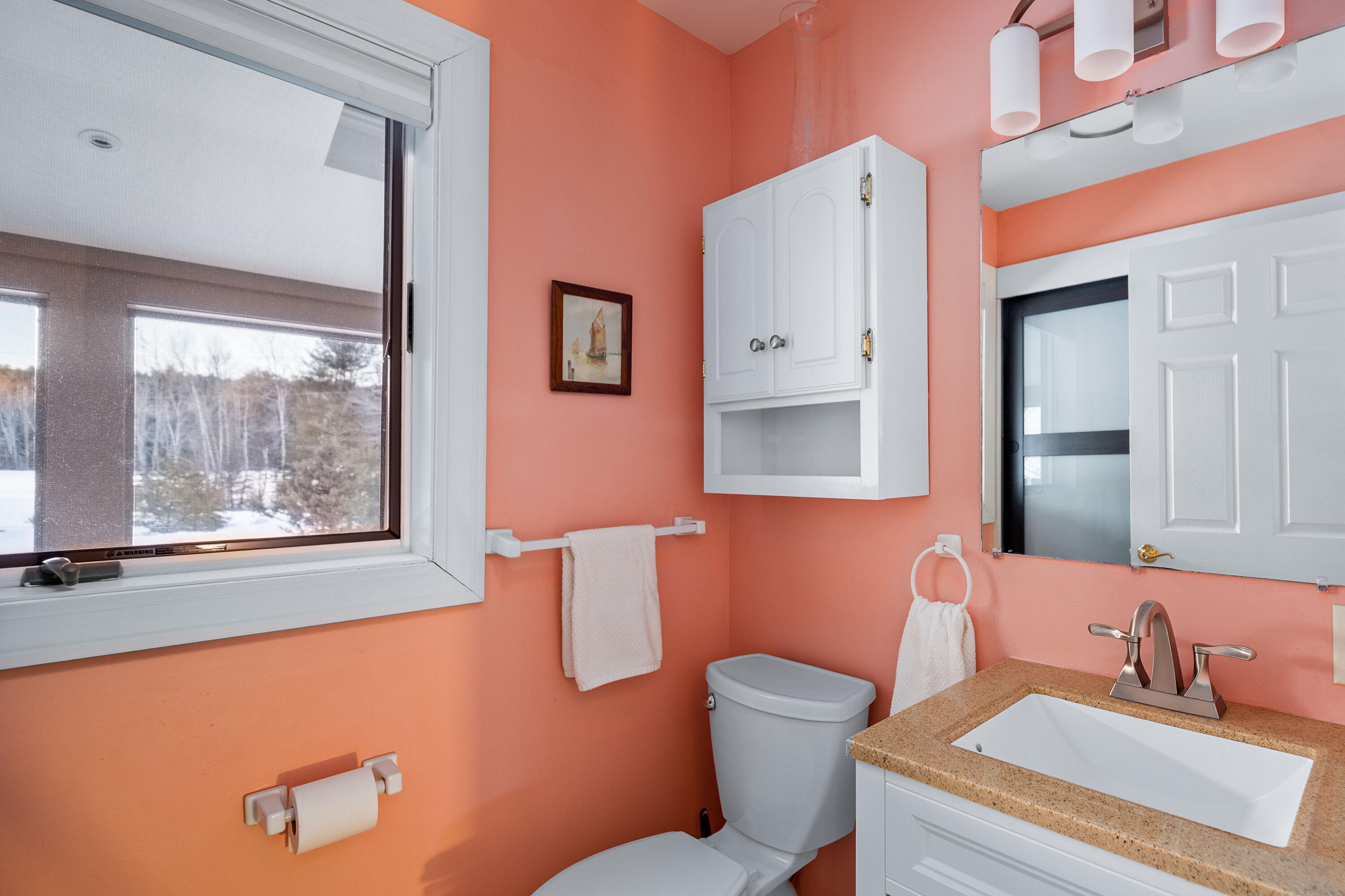 Bathroom with coral-pink walls, white vanity, mirrored cabinet, and a window overlooking snow.