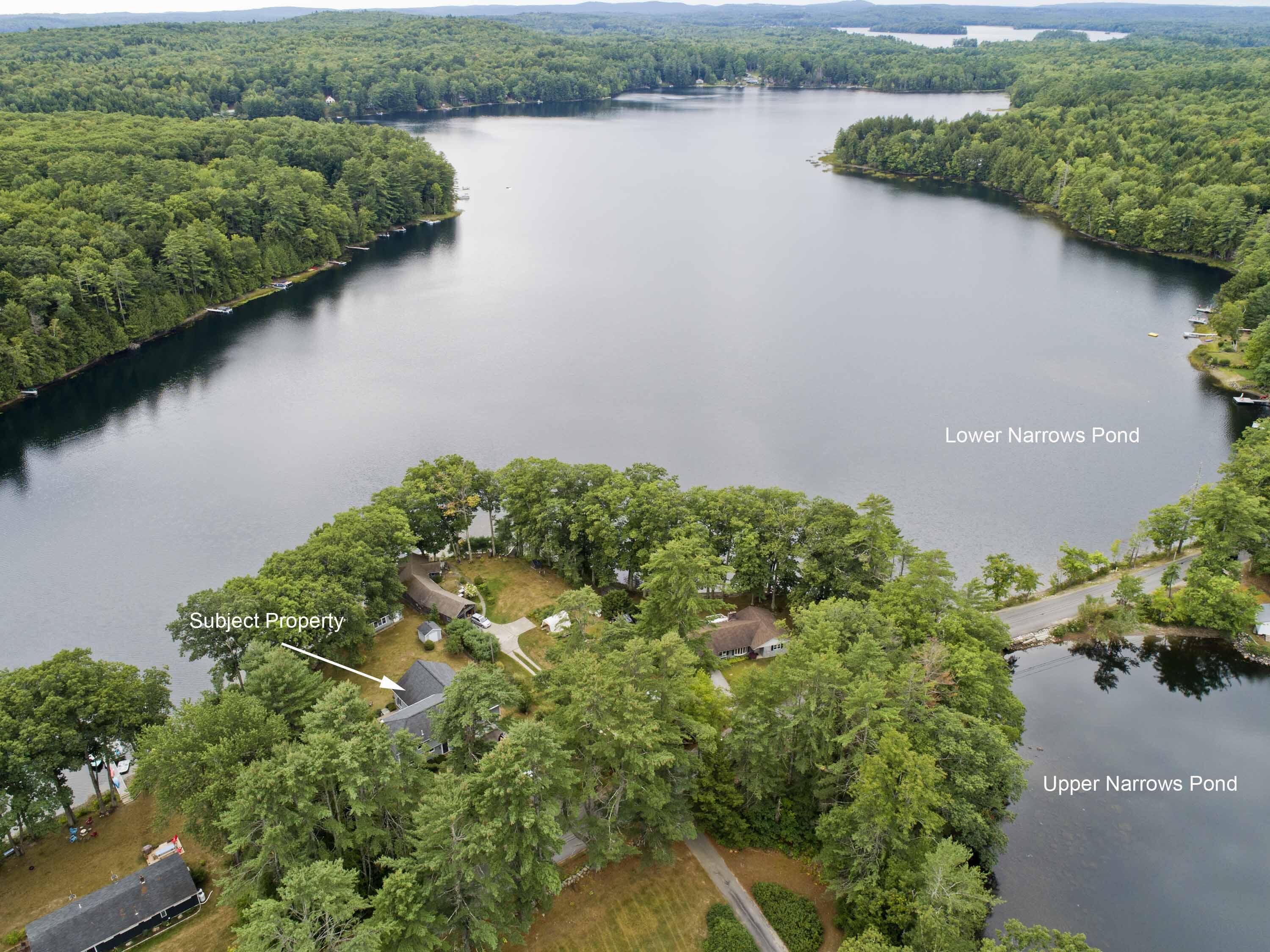 Aerial view of the wooded property between Lower and Upper Narrows Ponds.