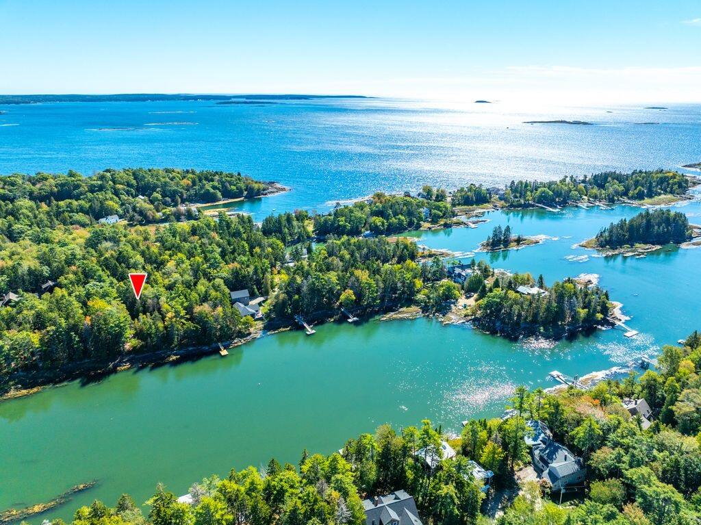 Aerial view of a wooded waterfront property marked by a red arrow, with a sheltered cove and docks.