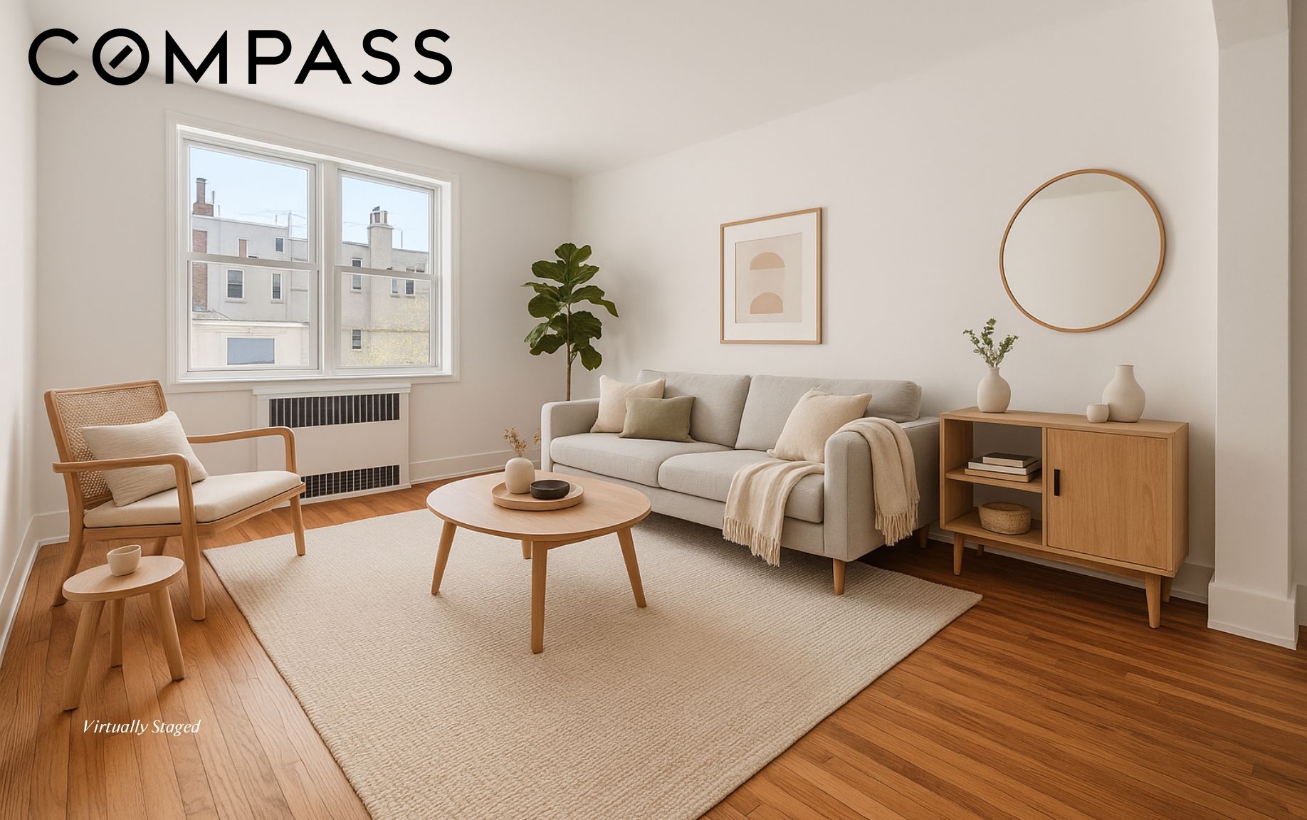 Virtually staged living room with a light sofa, wood floors, and large windows.