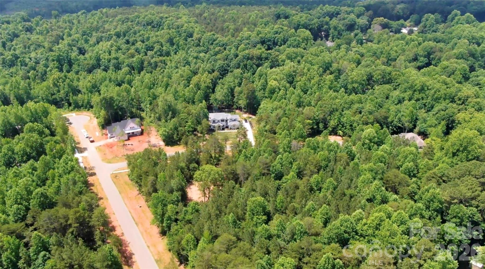 Aerial view of homes along a curving road amid dense woodland.