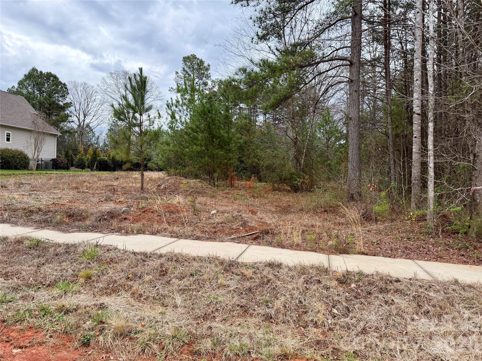 Vacant residential lot with a sidewalk in front and woods along the right side.