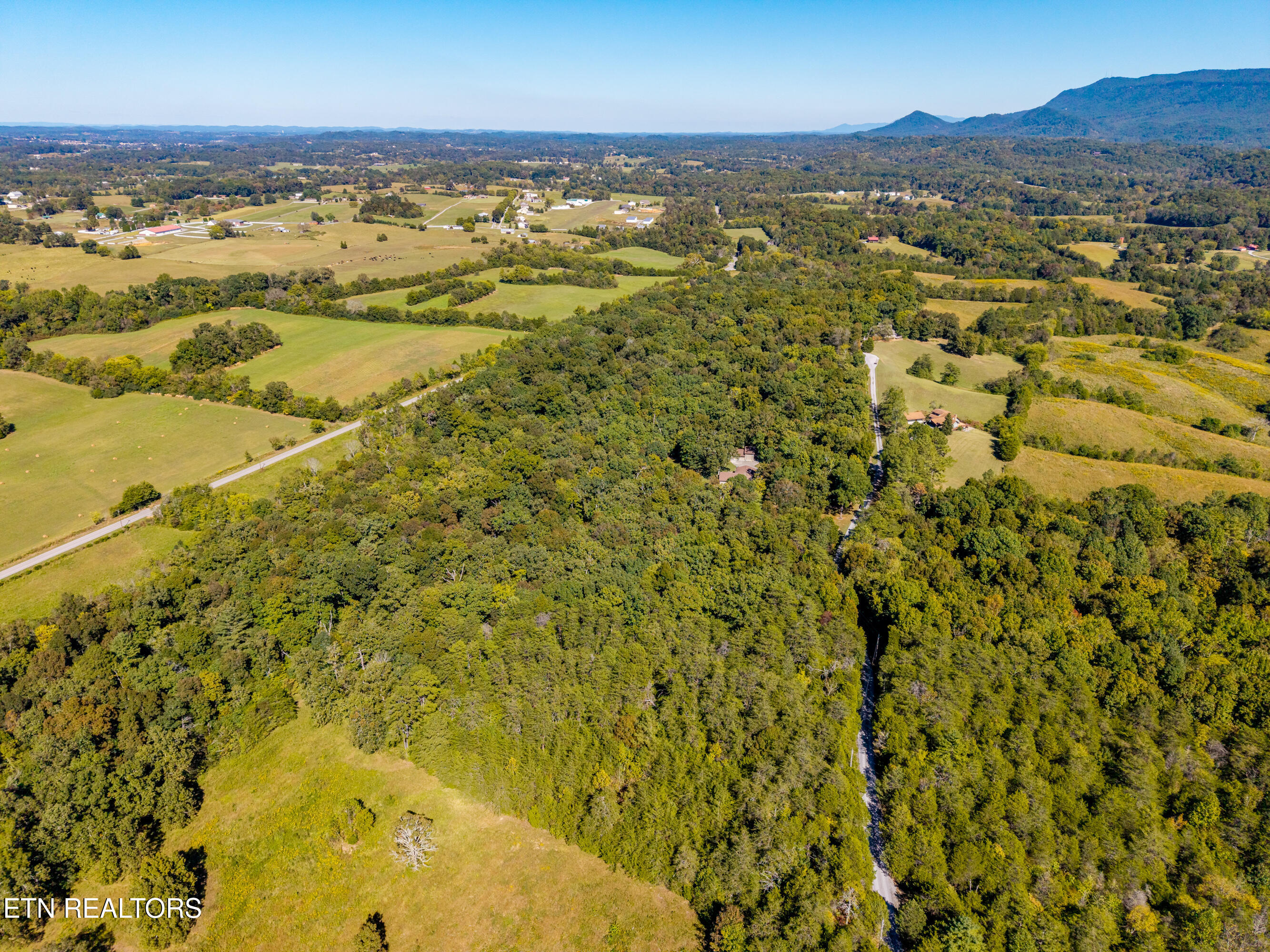 Aerial view of wooded acreage and surrounding fields, with a winding road and distant mountain ridges.