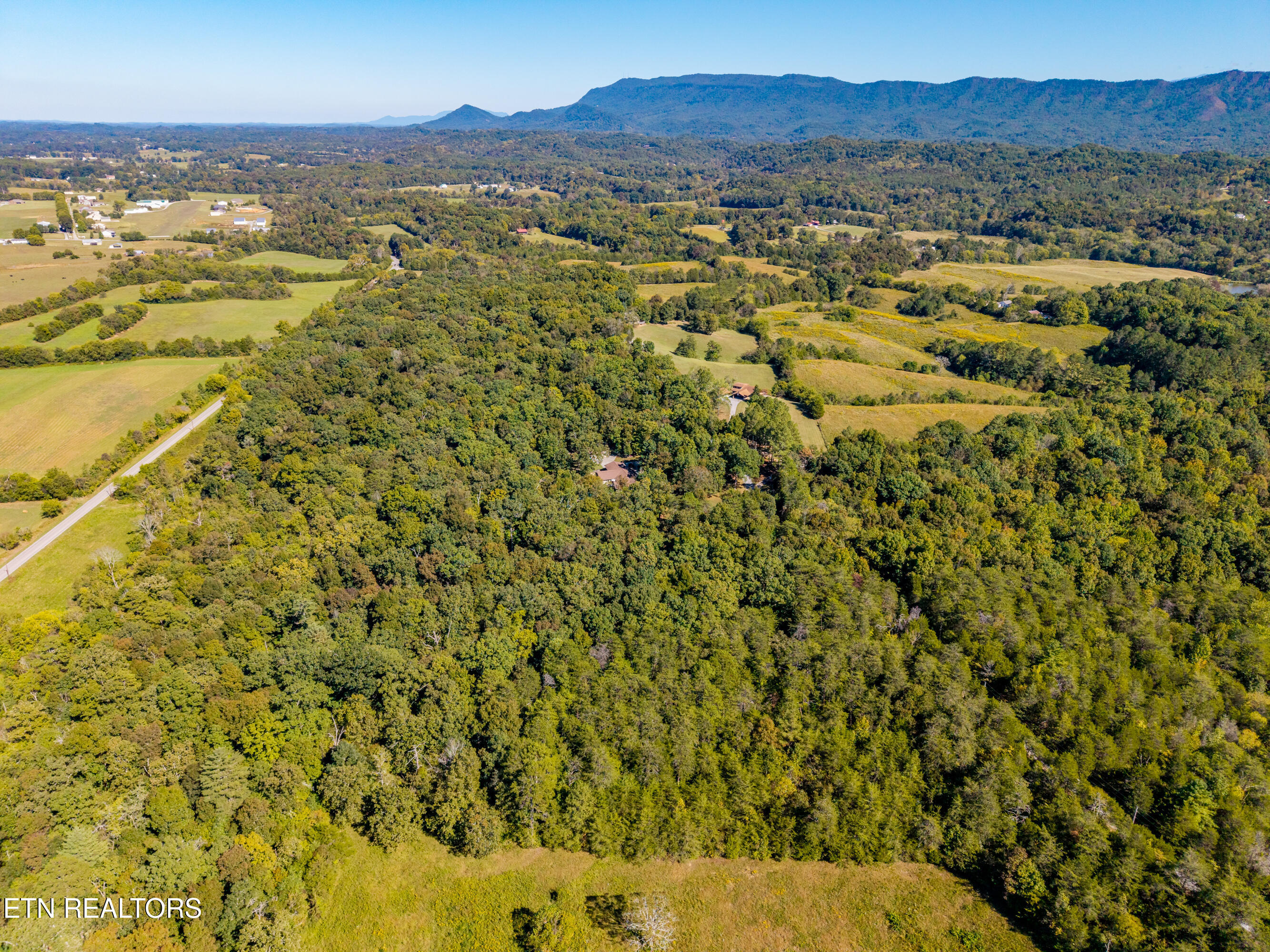Aerial view of wooded acreage and open fields, with a road and mountain ridge in the distance.