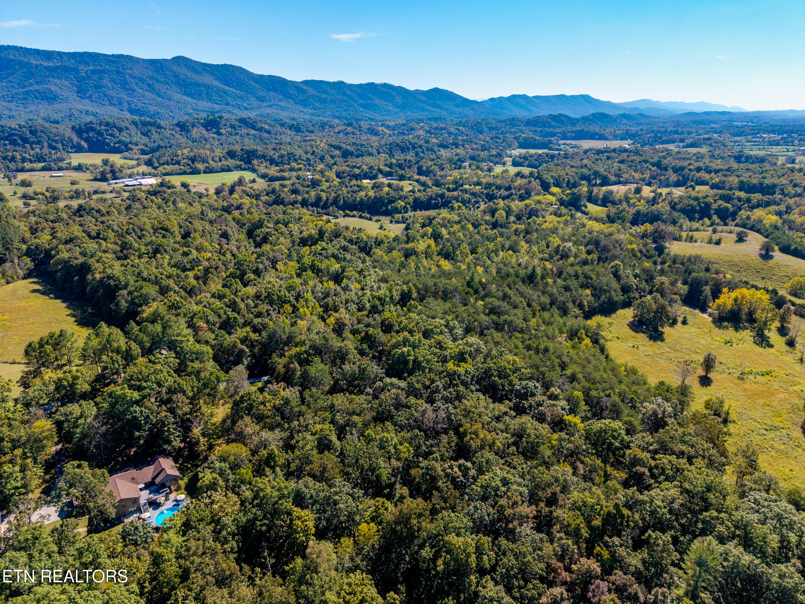 Aerial view of a wooded property with a house and pool beneath distant mountain ridges.