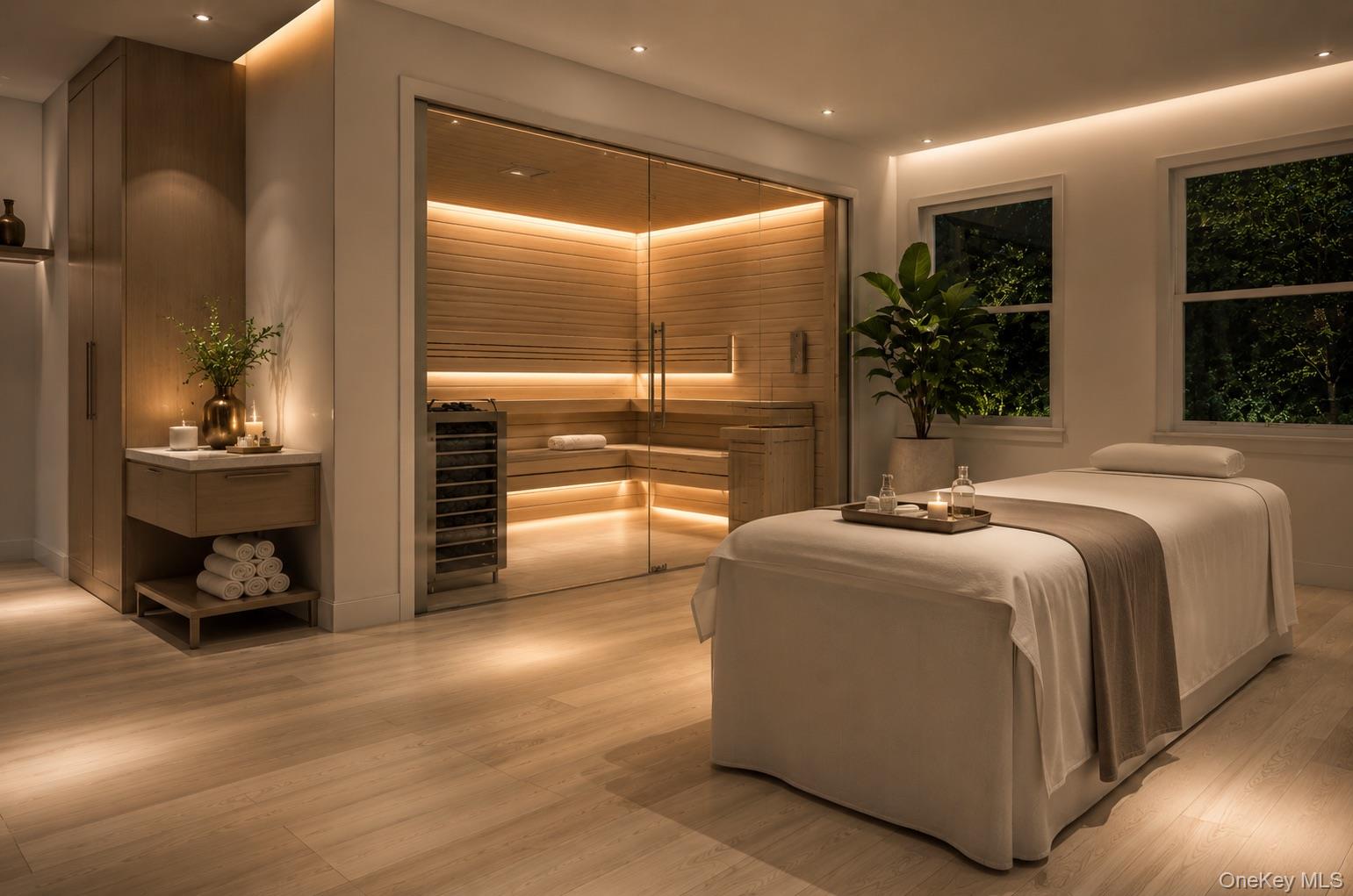 Spa room with two massage tables and a glass-enclosed wooden sauna.