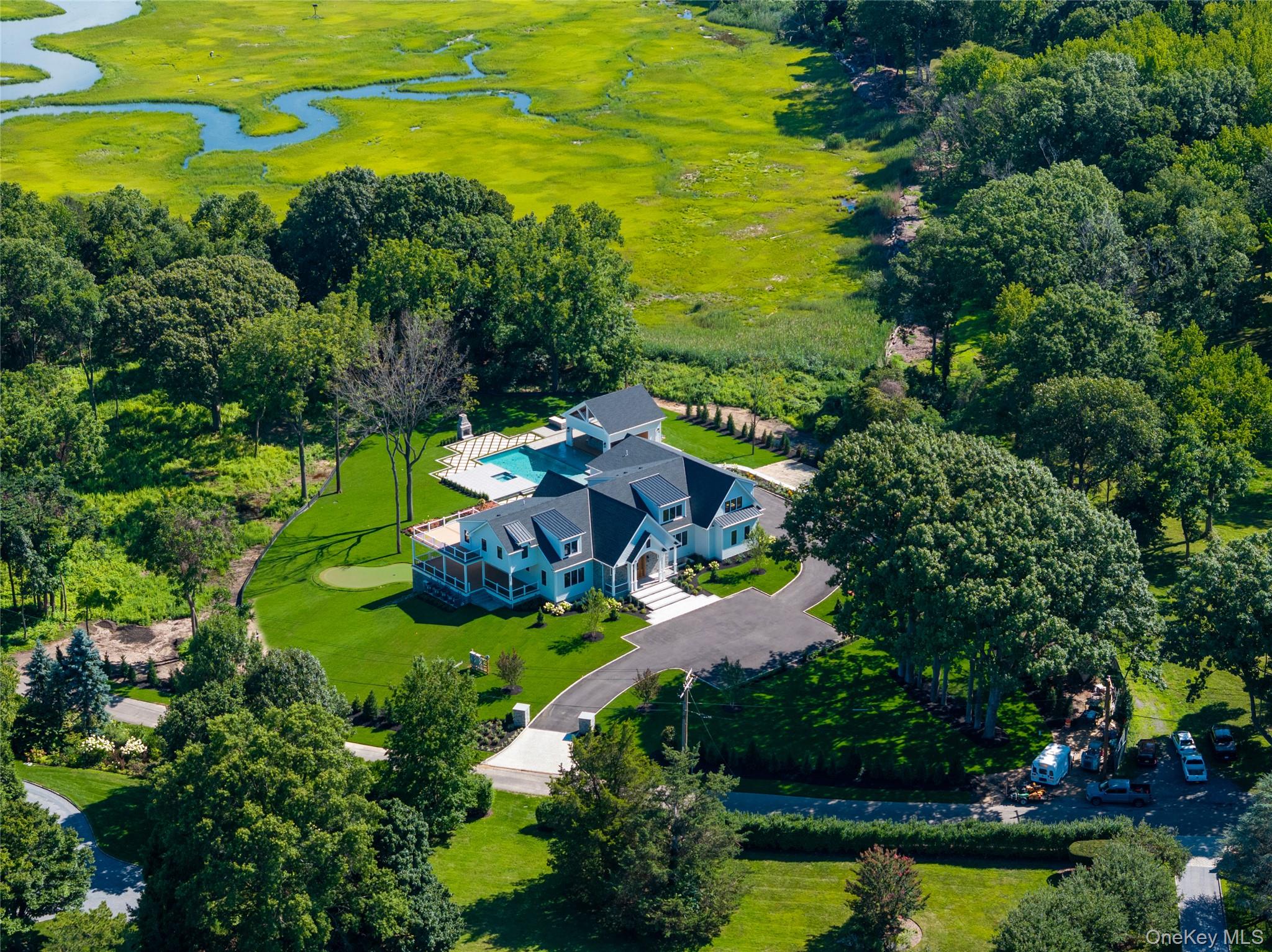 Aerial view of a light-blue house with a pool beside expansive green marshland.
