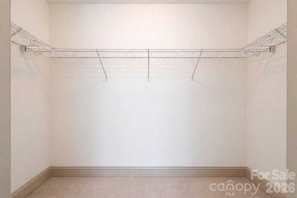 Empty walk-in closet with wraparound wire shelving and beige carpet.