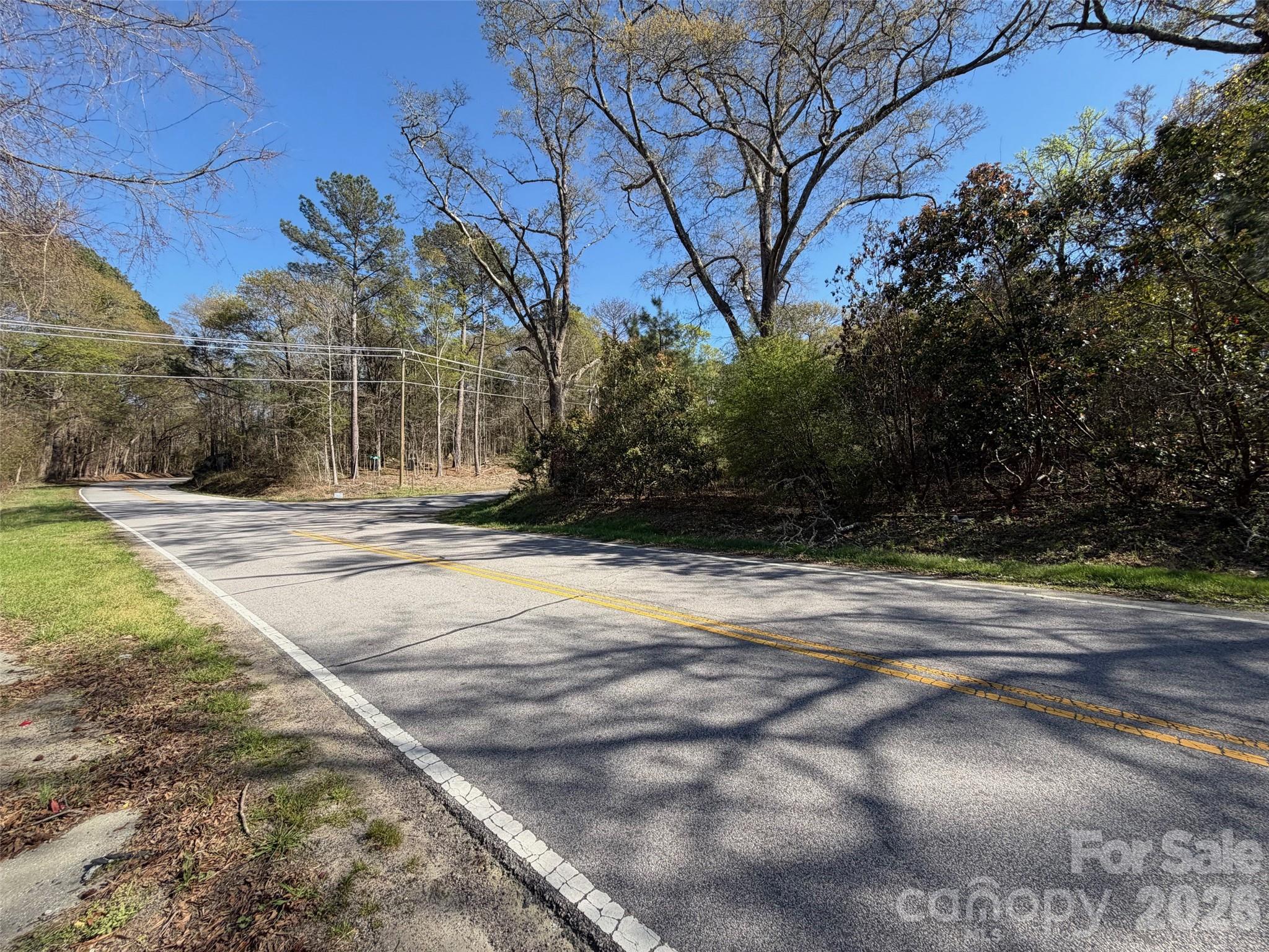 Wooded land beside a curving two-lane road with roadside utility lines.