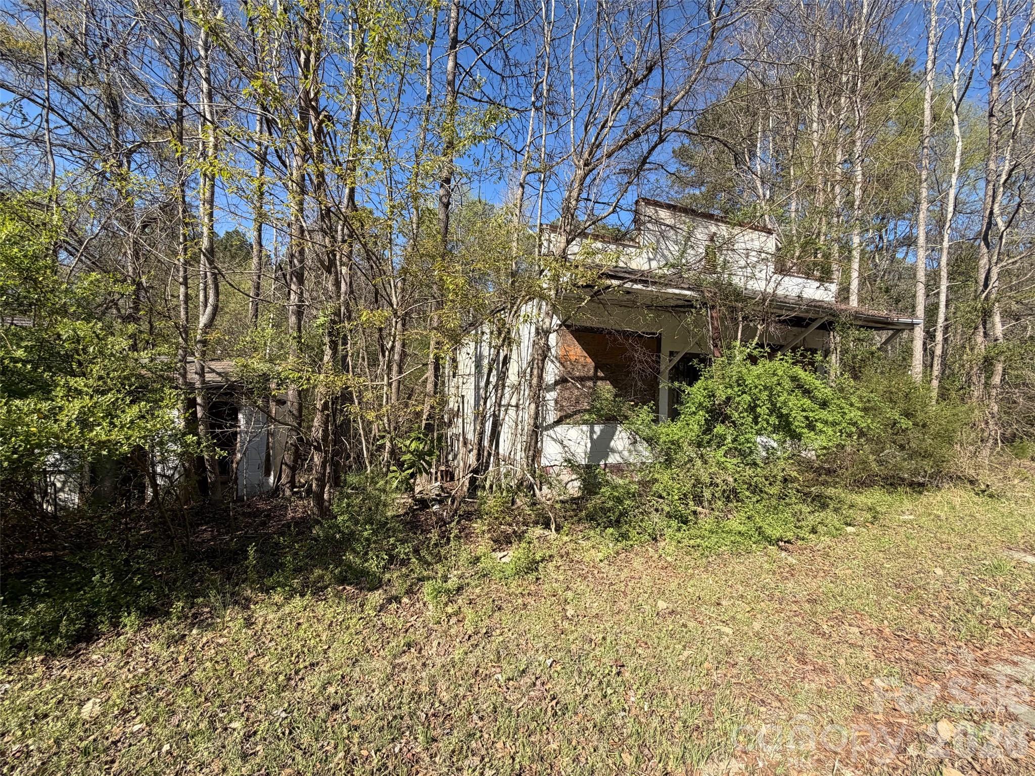 Weathered building partly hidden by trees and overgrowth beside a grassy, leaf-strewn yard.