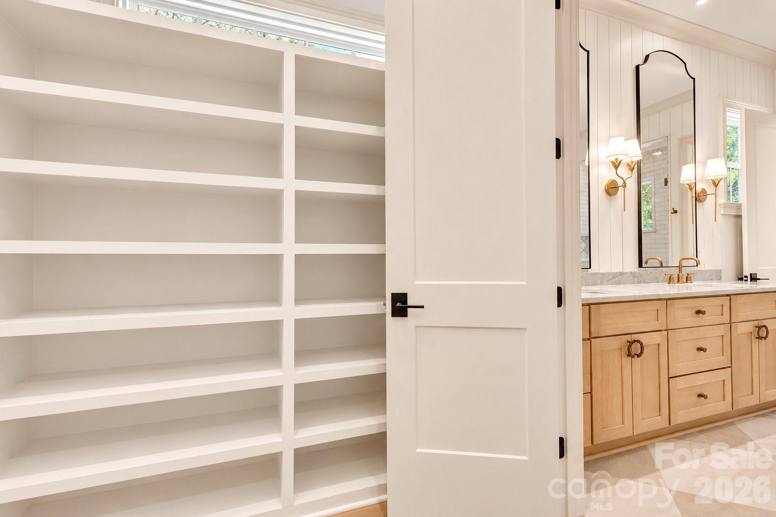 Bathroom with built-in white shelving beside a light wood vanity and arched mirror.
