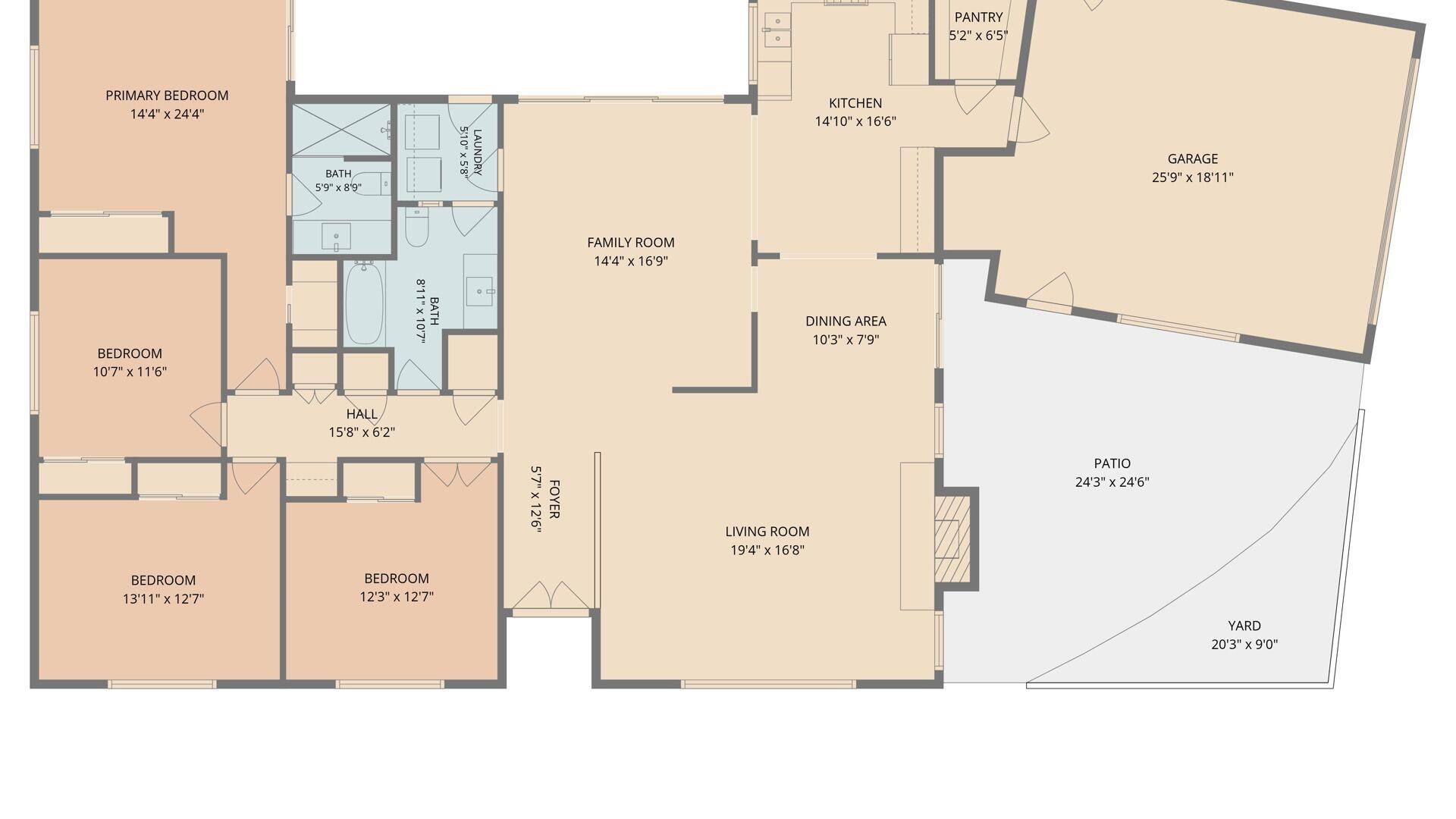 Floor plan showing four bedrooms, two bathrooms, living areas, garage, patio, and yard.