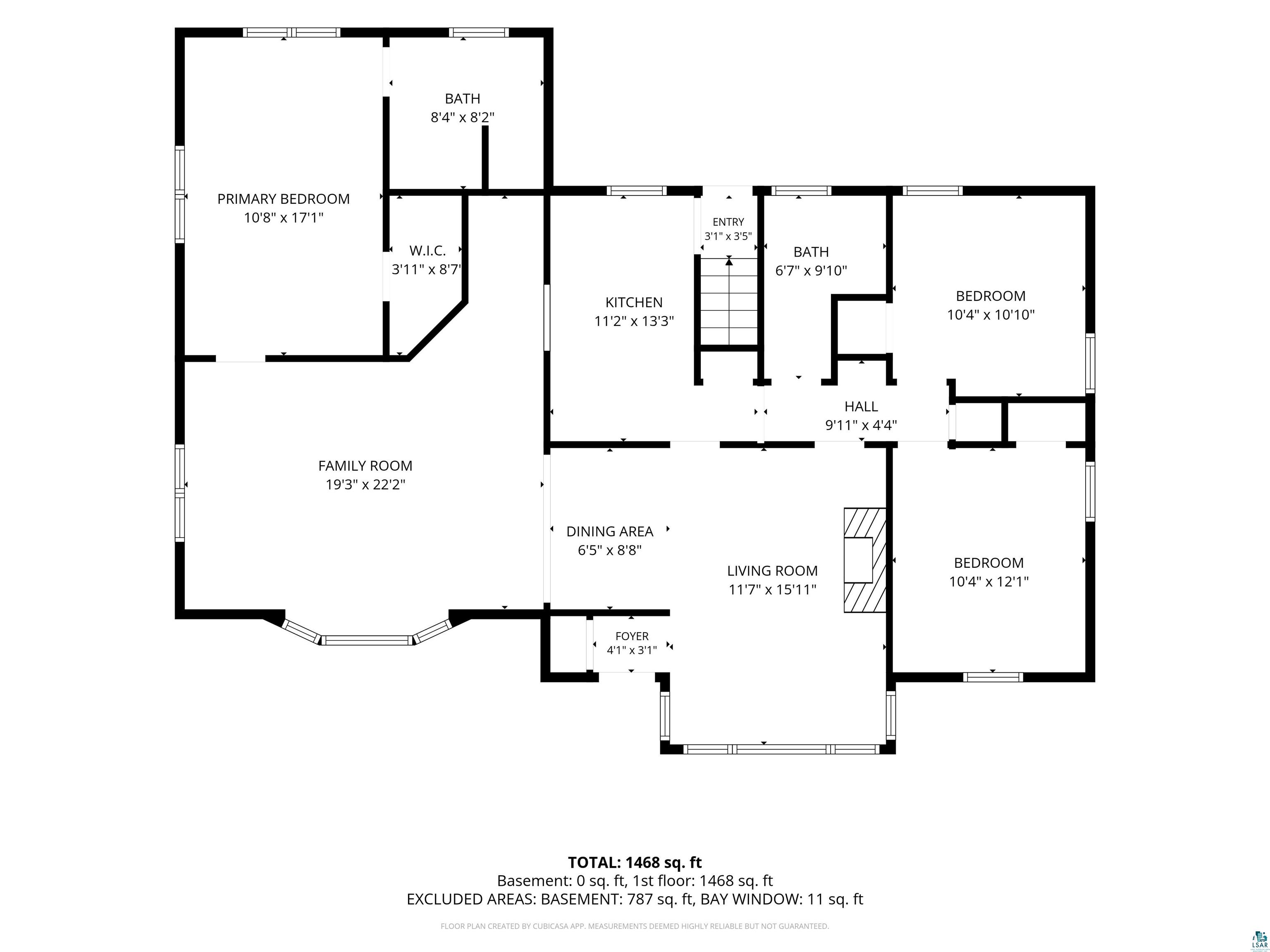 Floor plan showing three bedrooms, two bathrooms, a kitchen, family room, dining area, and living room.