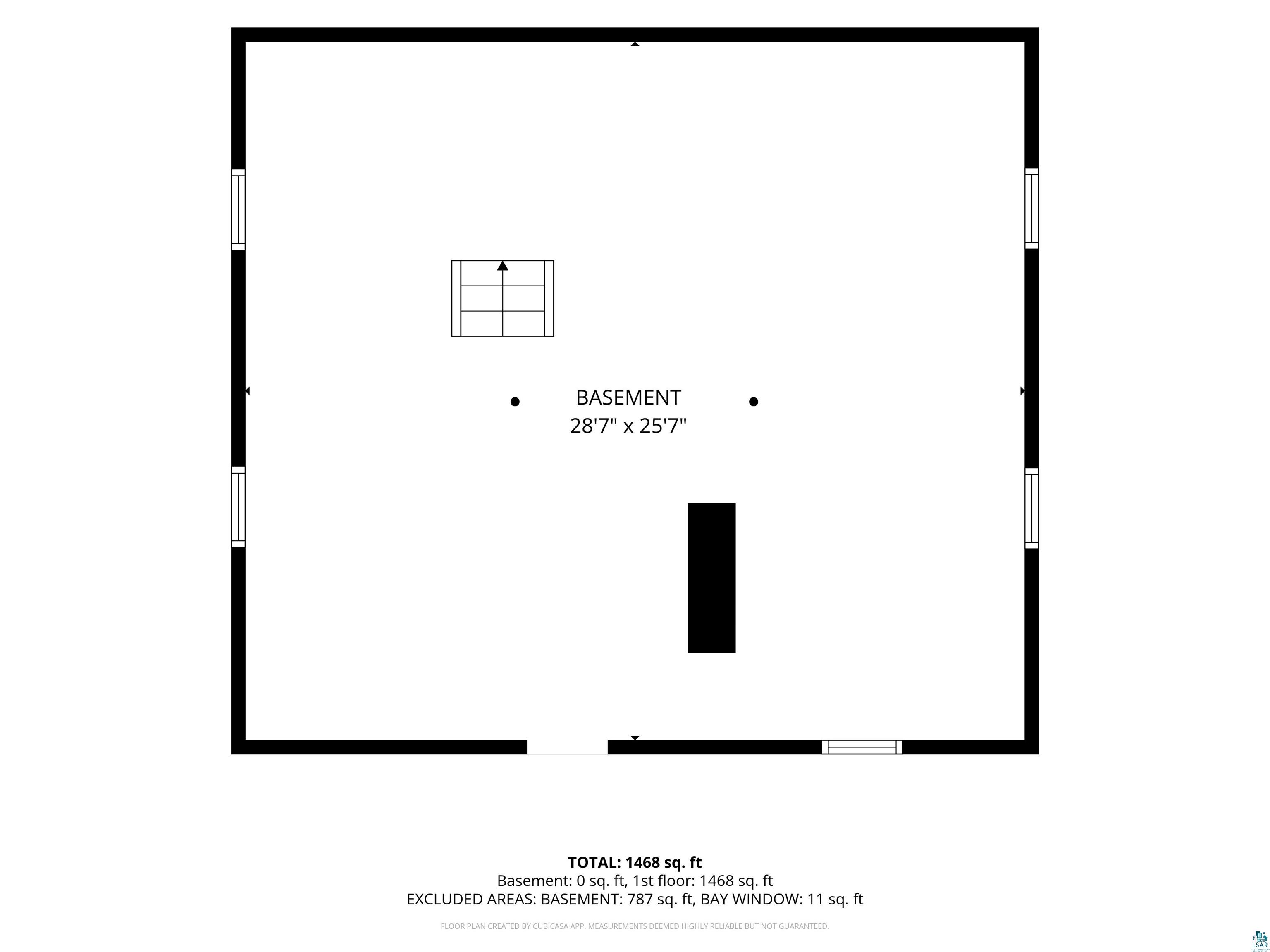 Basement floor plan with room dimensions and total area measurements.