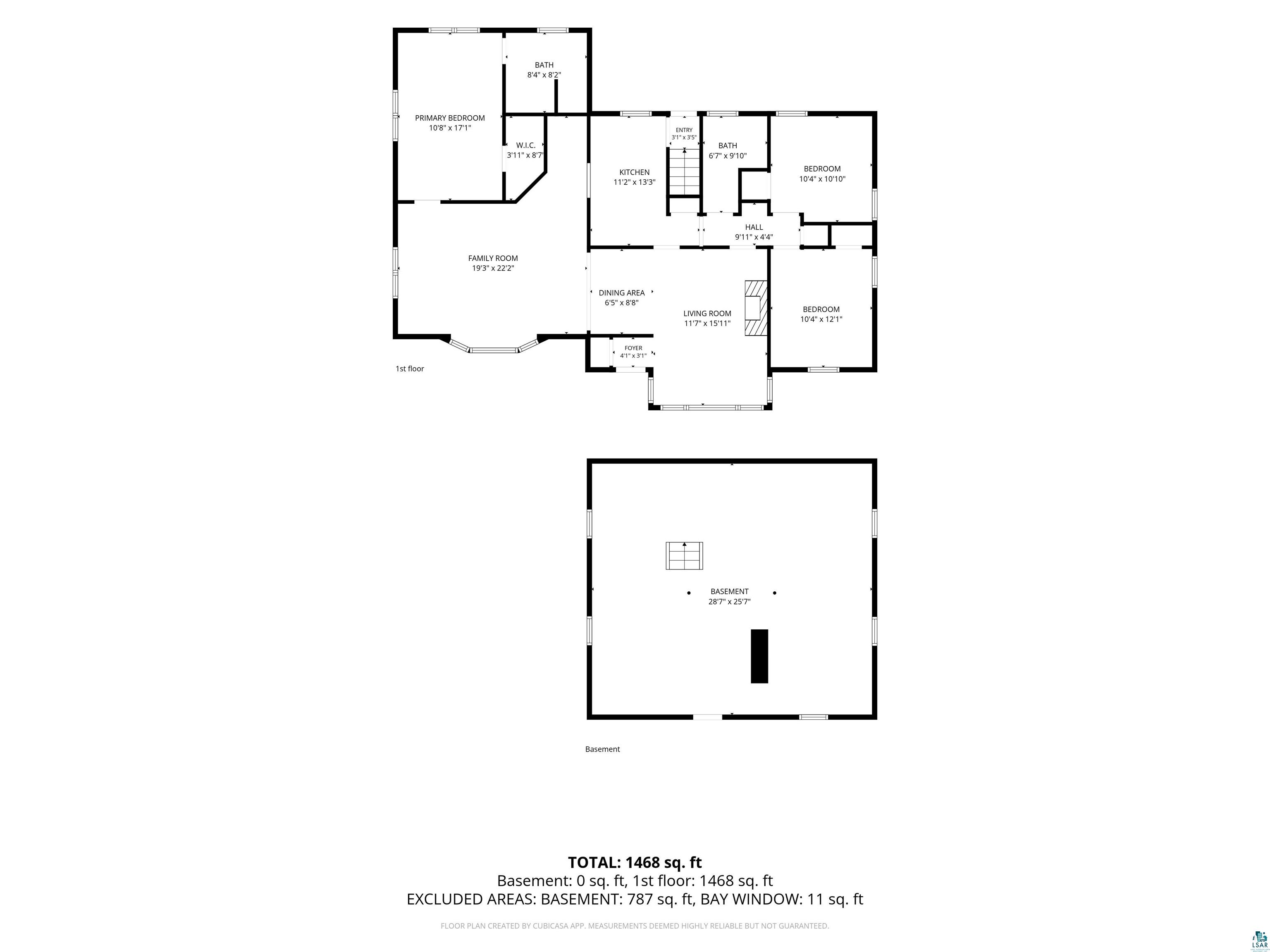 Floor plan showing the three-bedroom first floor and basement, with room labels and square-footage totals.