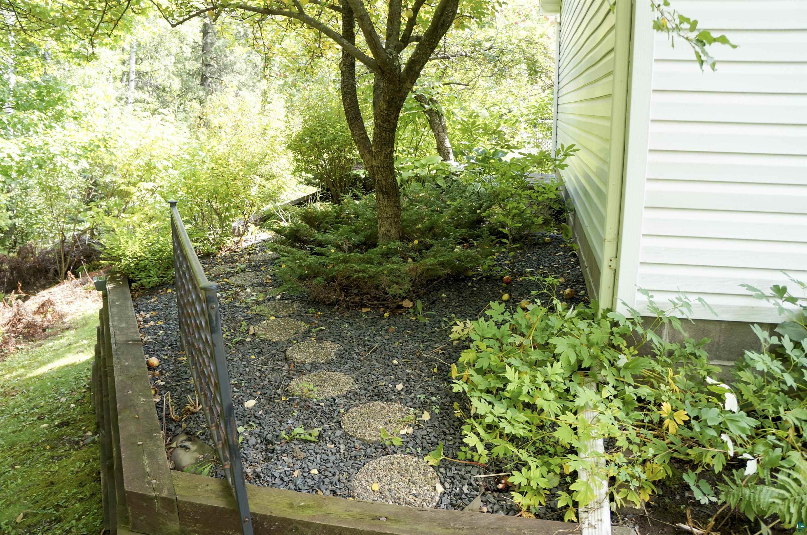 Landscaped side yard with a mature tree, leafy plants, and stepping stones through dark gravel.