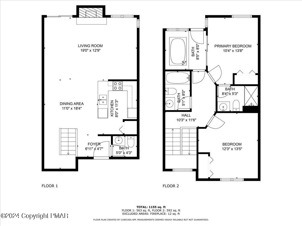 Two-level floor plan showing room layouts and dimensions; total area is 1,155 square feet.