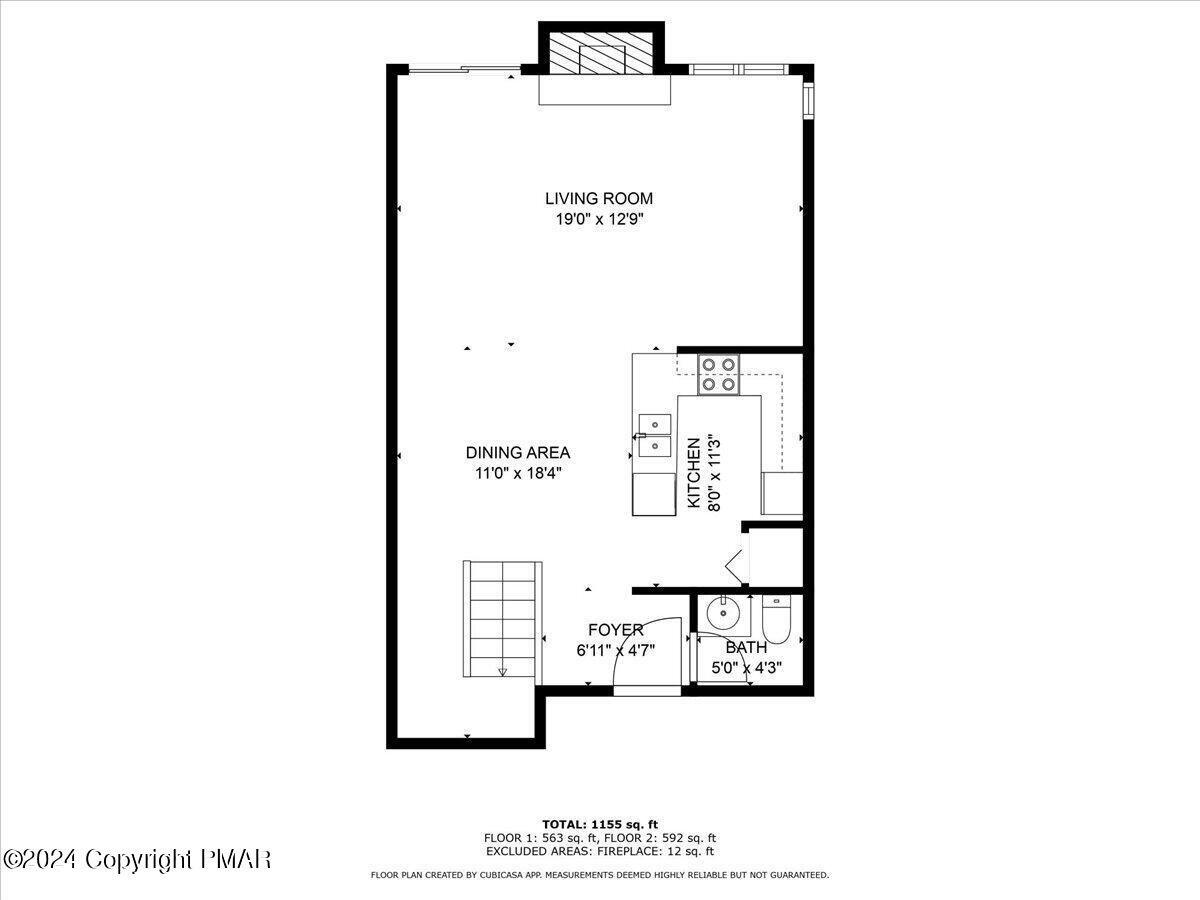 First-floor plan with living room, dining area, kitchen, foyer, bath, and stairs; total home area is 1,155 square feet.