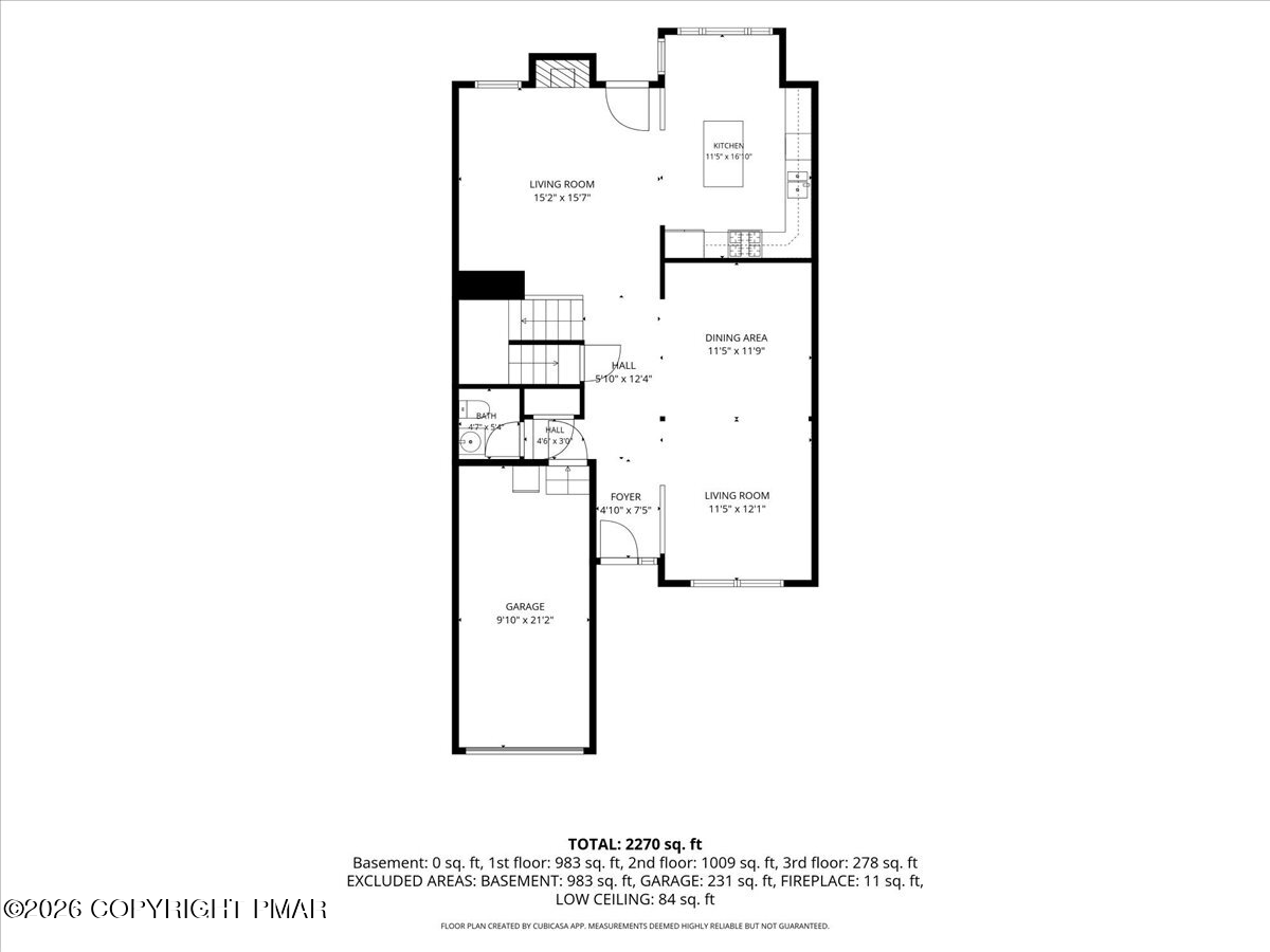 Floor plan showing living and dining areas, kitchen, bath, foyer, and attached garage.