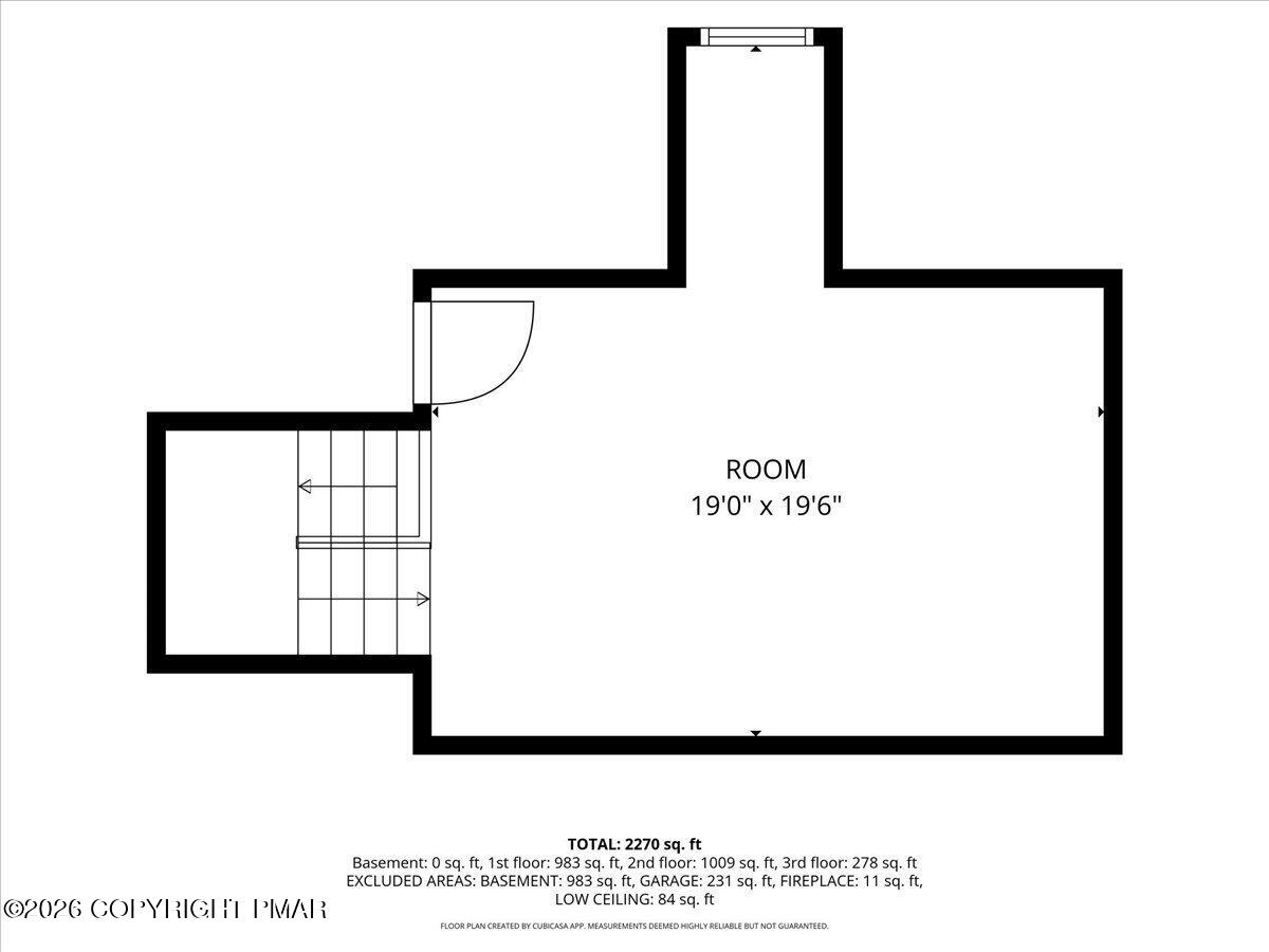 Floor plan showing a 19-by-19-foot-6-inch room beside stairs; total area is 2,270 square feet.