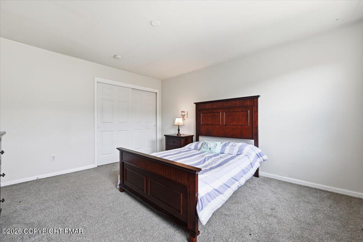 Bedroom with a dark wood bed, striped bedding, gray carpet, and white closet doors.