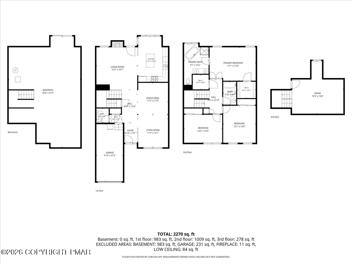 Floor plan showing the basement and three floors, with room layouts and a total area of 2,270 square feet.