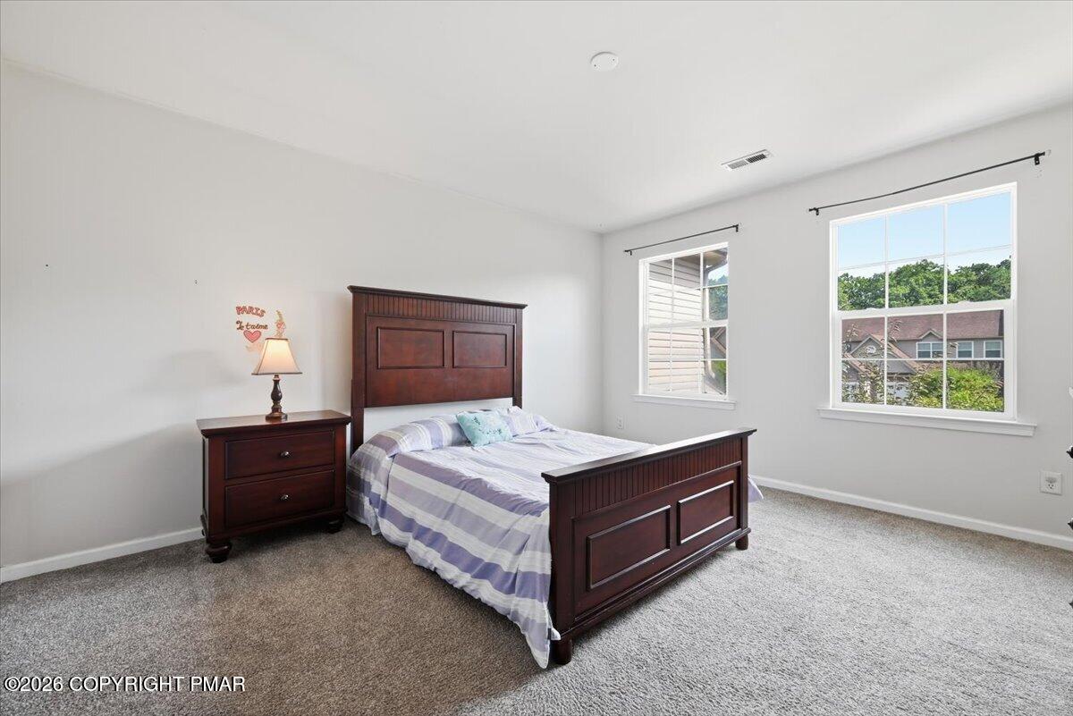Furnished bedroom with a dark wood bed, gray carpet, and two large windows.