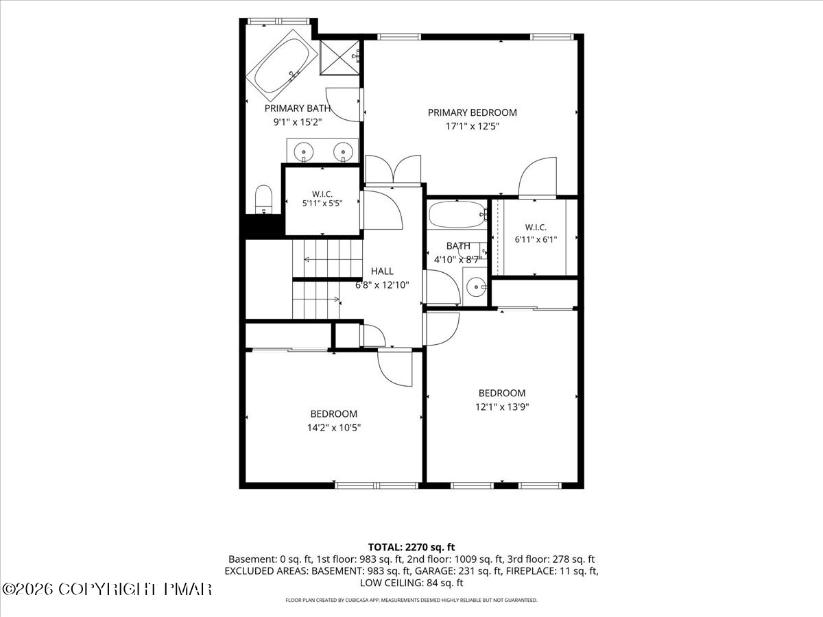Floor plan showing a primary suite, two bedrooms, hall, bathrooms, closets, and a total area of 2,270 square feet.