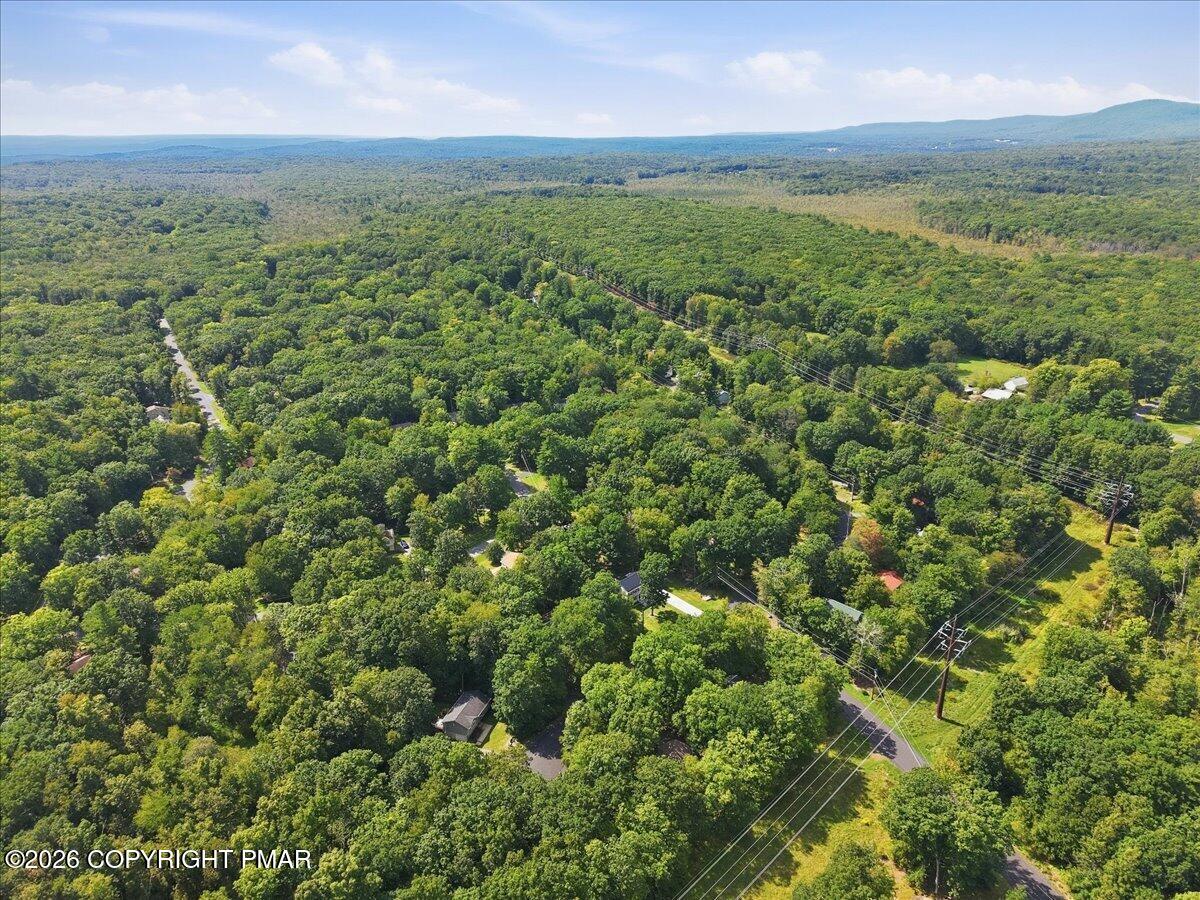 Aerial view of a wooded neighborhood with scattered homes and distant mountain ridges.