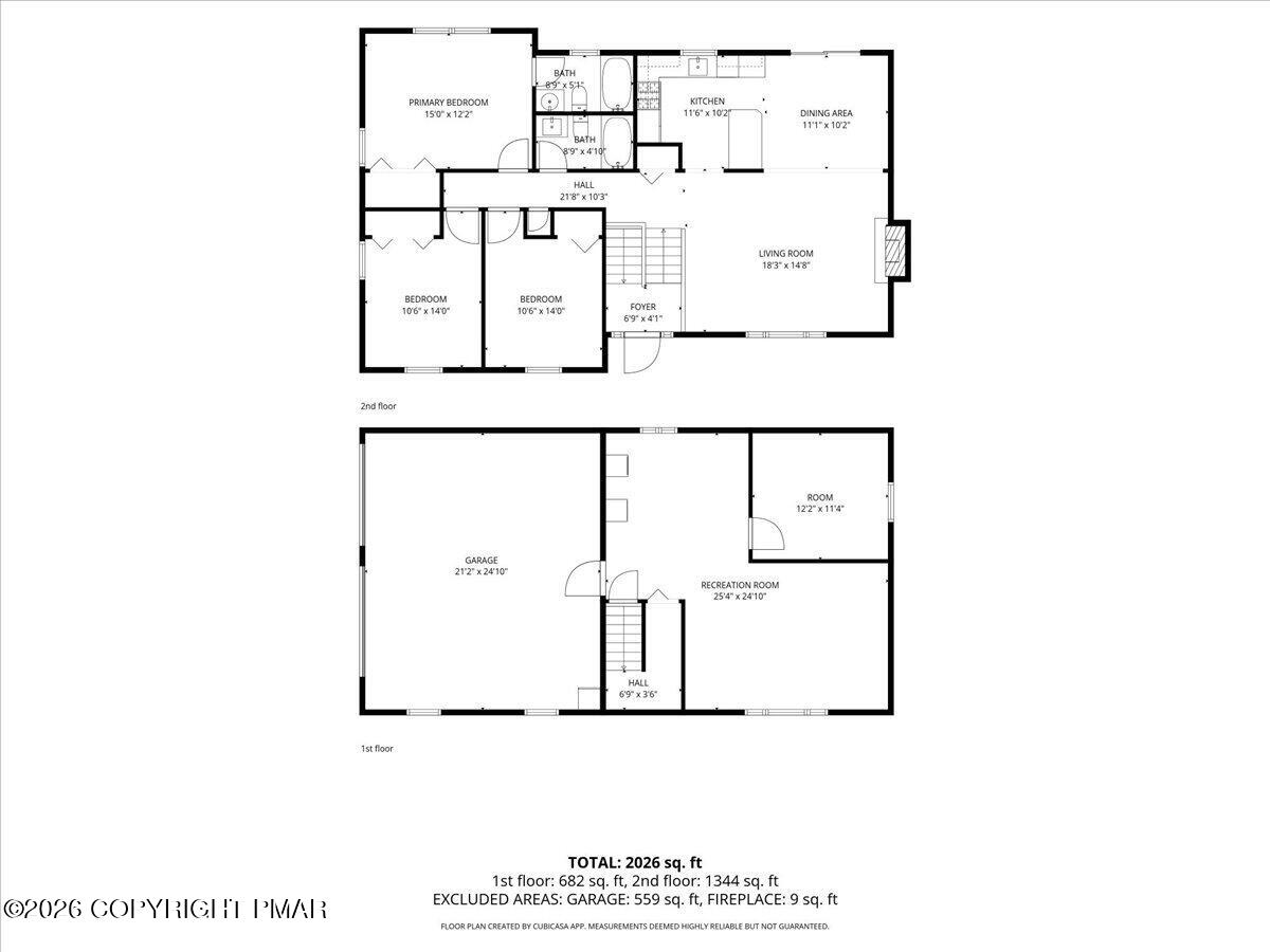 Two-level floor plan showing three bedrooms upstairs and a garage and recreation room downstairs.