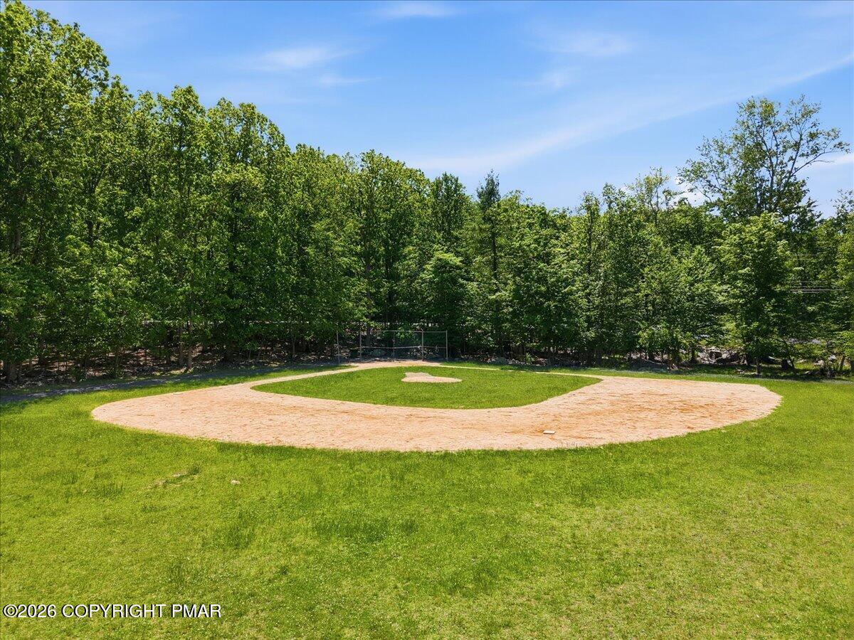 Grassy yard with a sand baseball infield, chain-link backstop, and dense woods beyond.