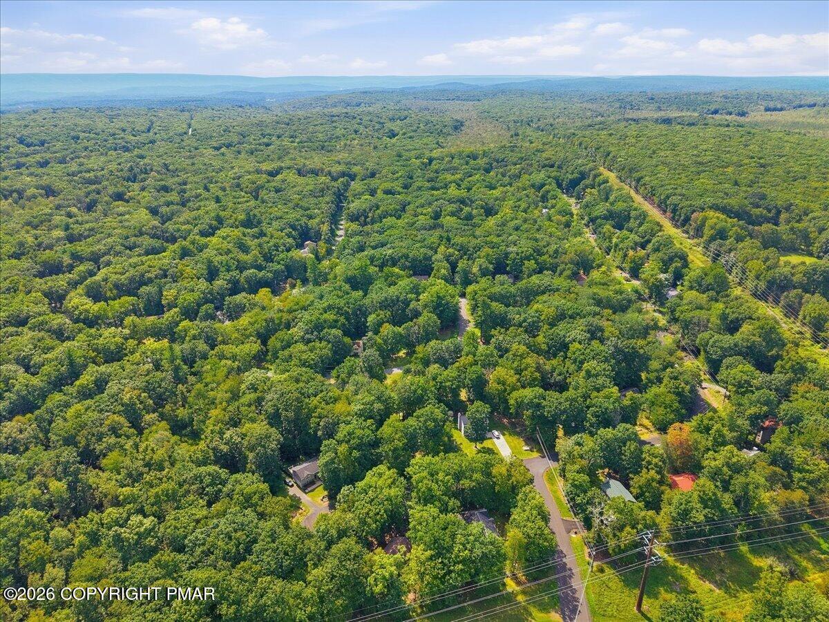 Aerial view of a wooded neighborhood with scattered homes and distant mountain ridges.