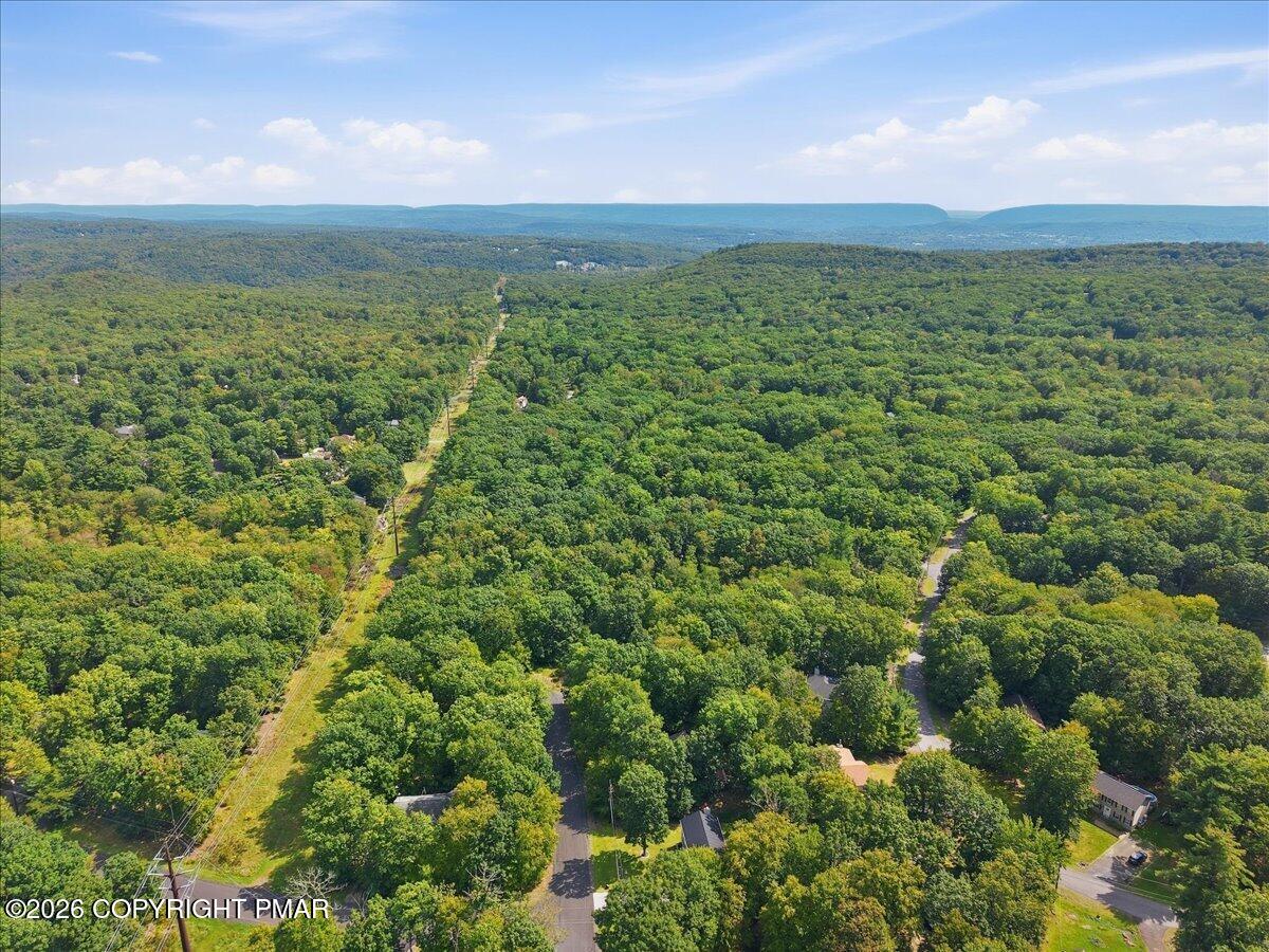 Aerial view of wooded homes and roads, with forested ridges in the distance.