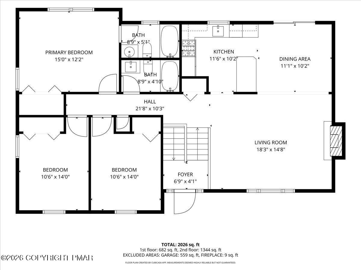 Floor plan showing three bedrooms, two bathrooms, kitchen, dining area, living room, and foyer.