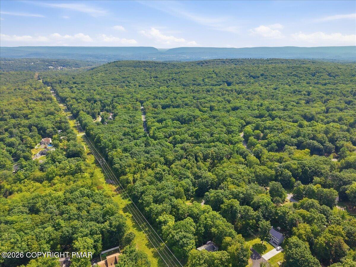 Aerial view of dense woodland, scattered homes, utility lines, and distant mountain ridges.