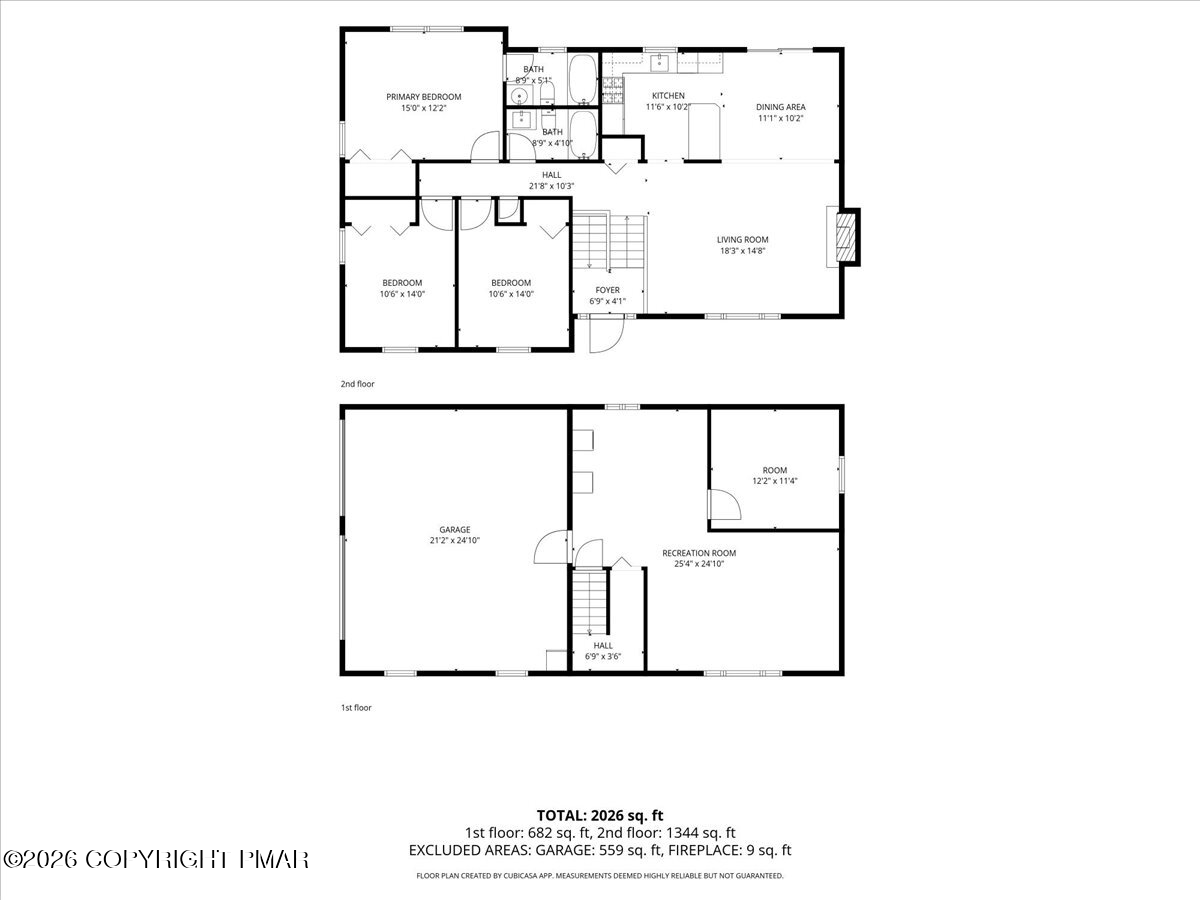 Two-level home floor plan with labeled rooms, room dimensions, and a total area of 2,026 square feet.
