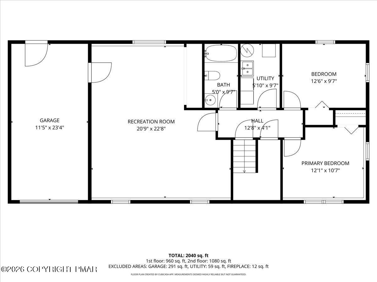 Floor plan showing a recreation room, garage, bathroom, utility room, and two bedrooms.