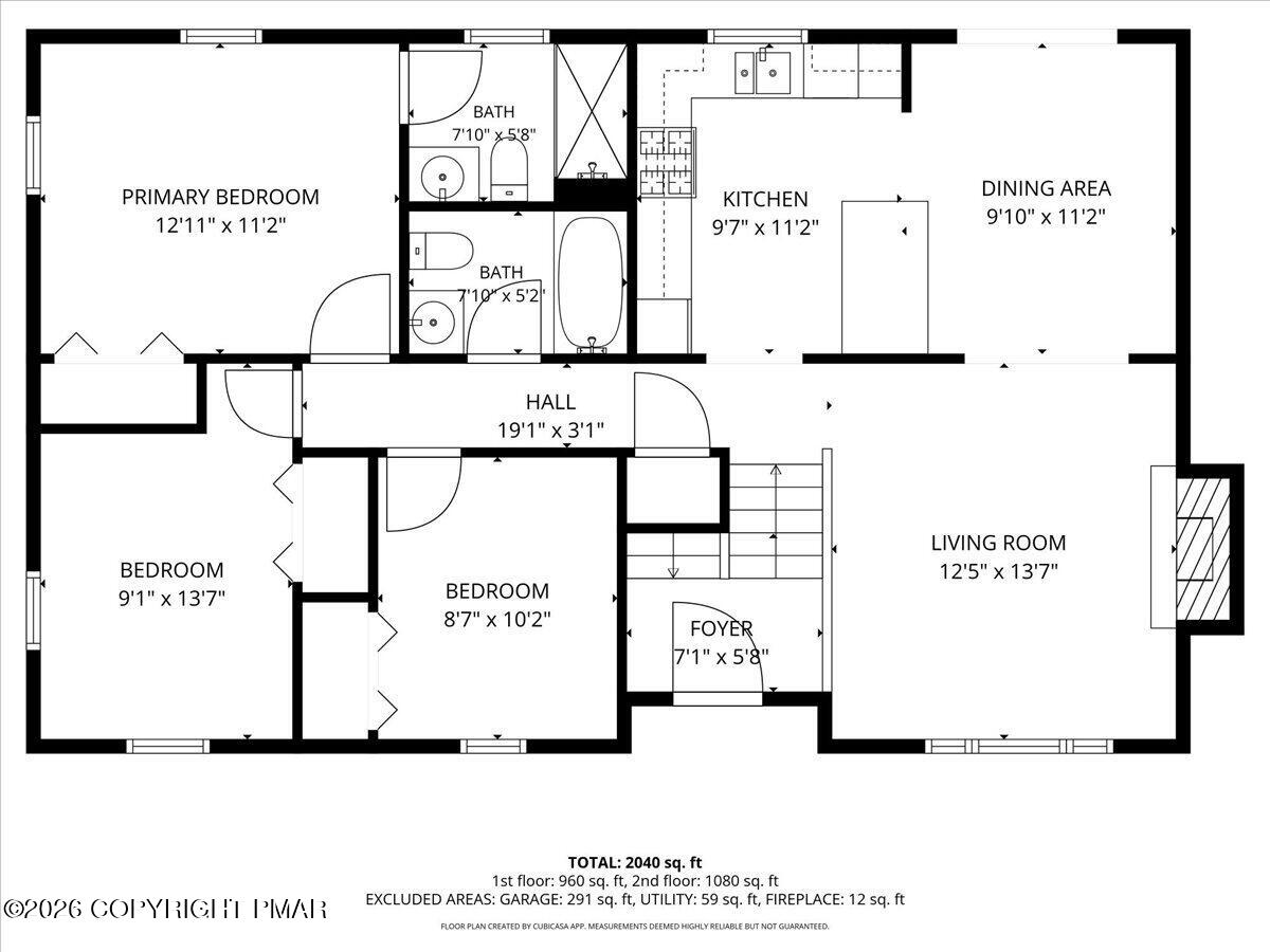 Floor plan showing three bedrooms, two bathrooms, kitchen, dining area, living room, and foyer.