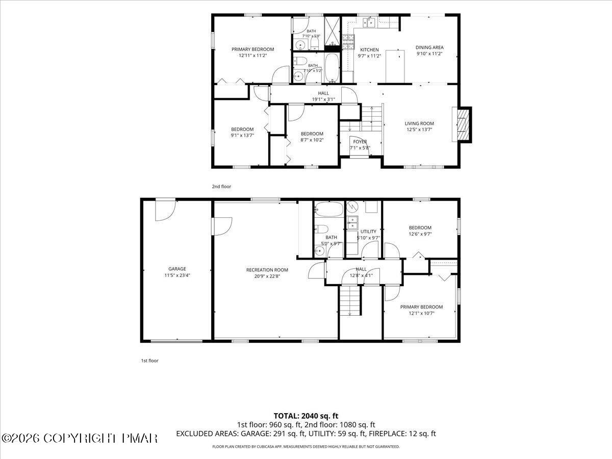 Two-level floor plan showing room layouts, dimensions, and a total area of 2,040 square feet.